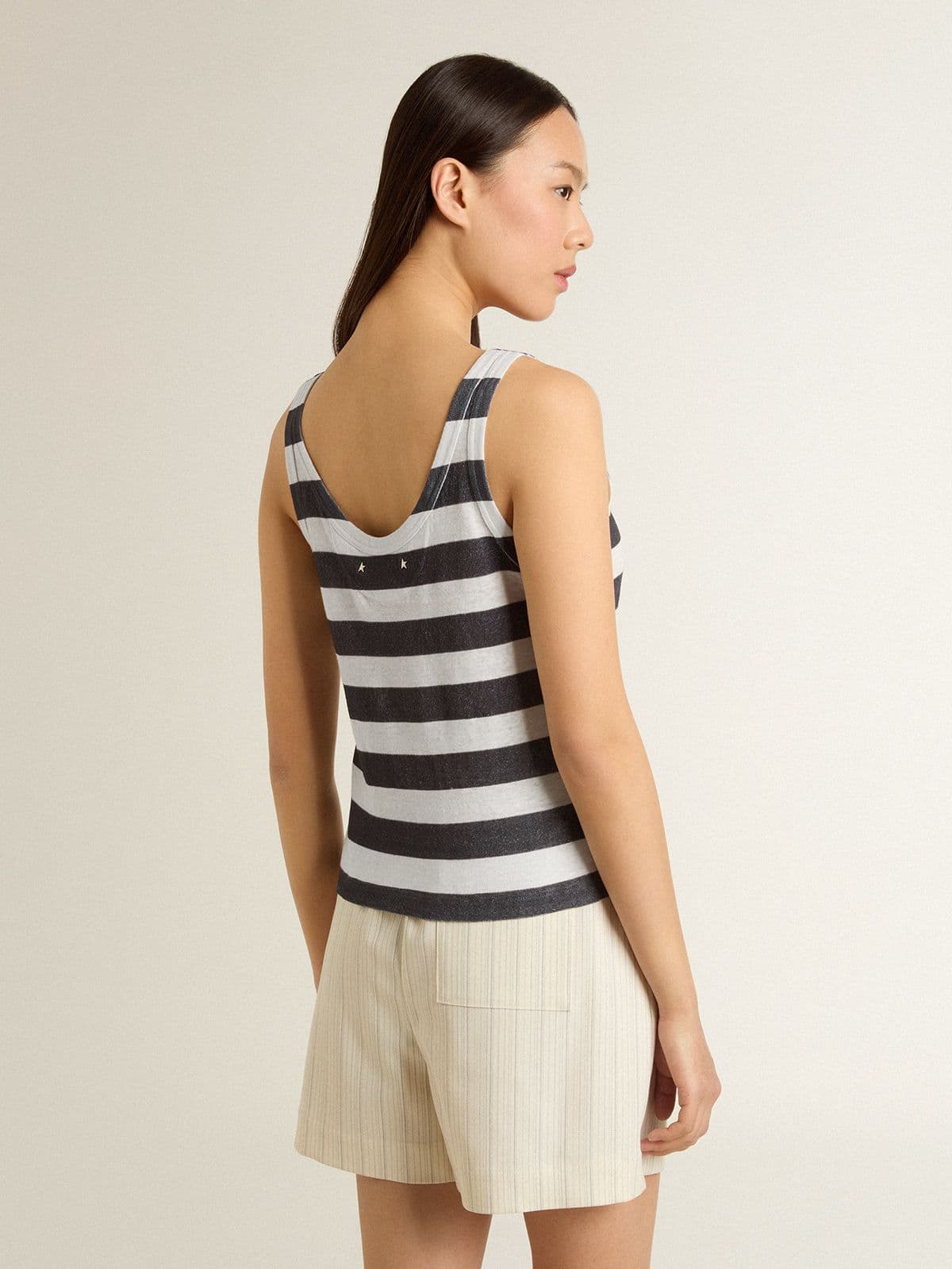 Women's white and blue striped linen jersey top with lobster print