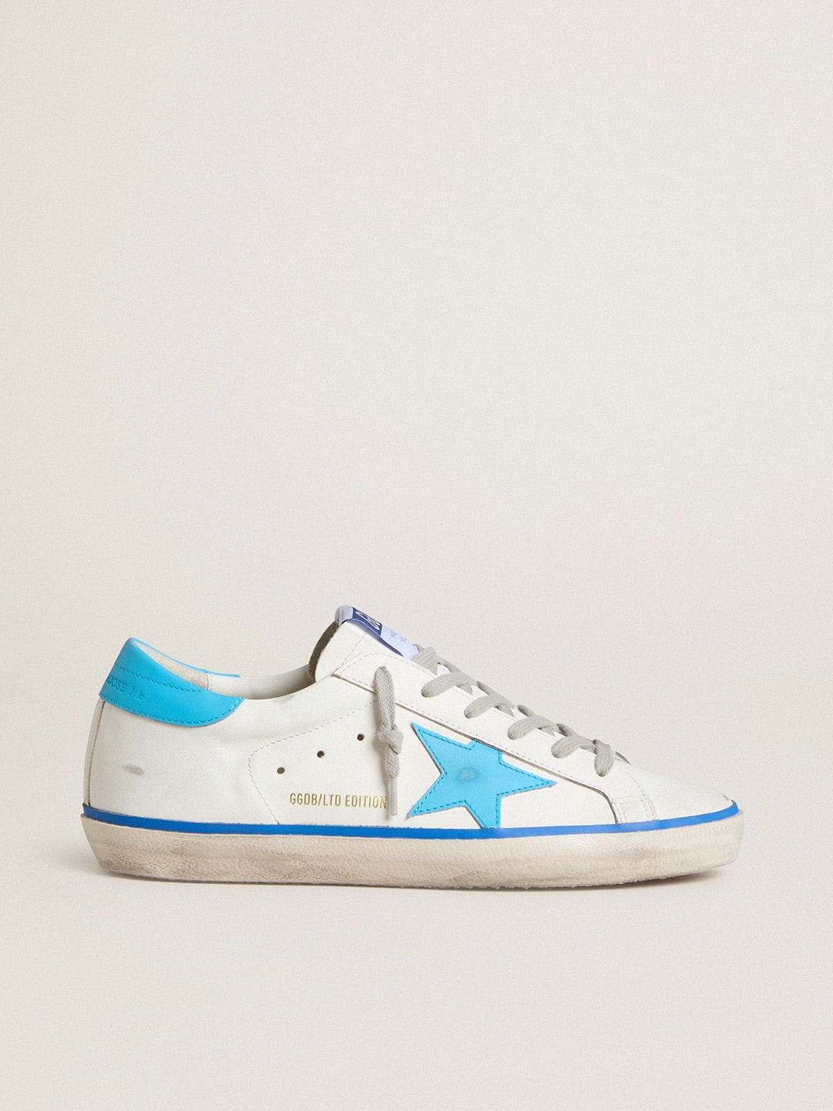 Women's Super-Star LTD in white leather with light blue leather star and heel tab