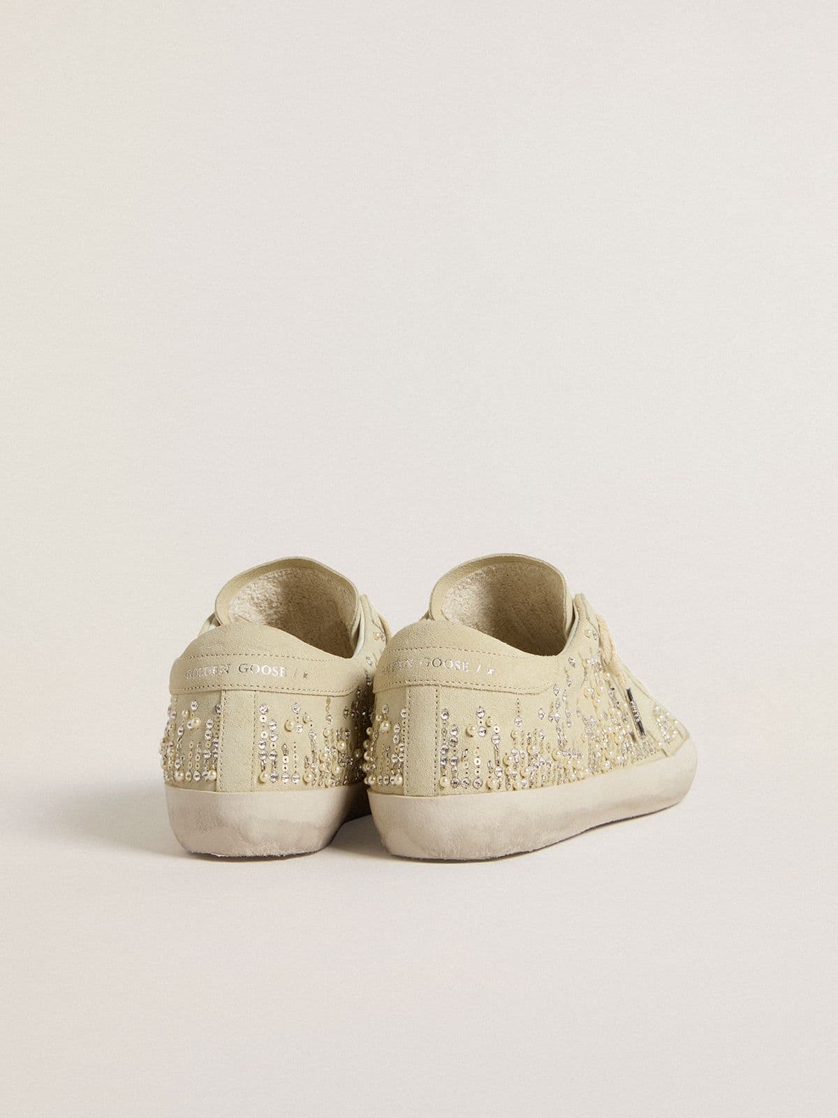Women's Super-Star in beige suede with pearls and Swarovski crystals