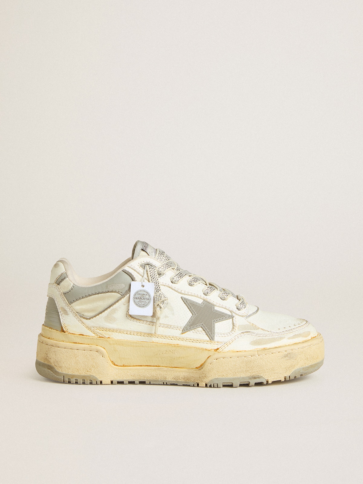 Men's Forty2 in white leather with laces with Swarovski crystals and gray star
