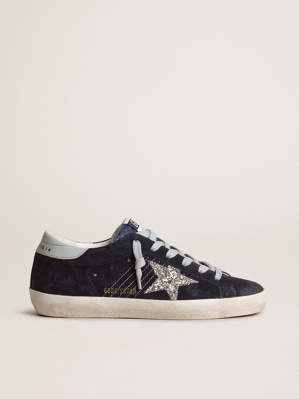 Women's Super-Star in blue suede, silver glitter star and leather heel tab