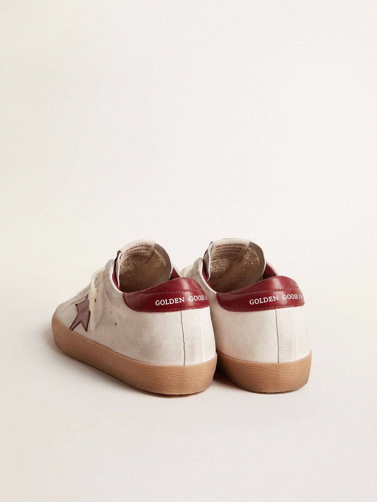 Super-Star in white suede with burgundy leather star and heel tab