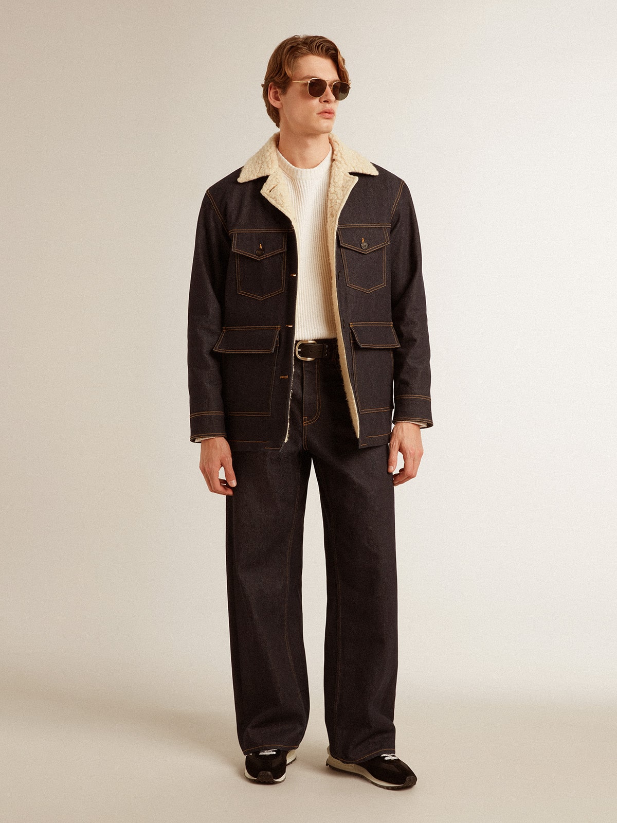 Men's dark blue wide-leg jeans in one-wash denim