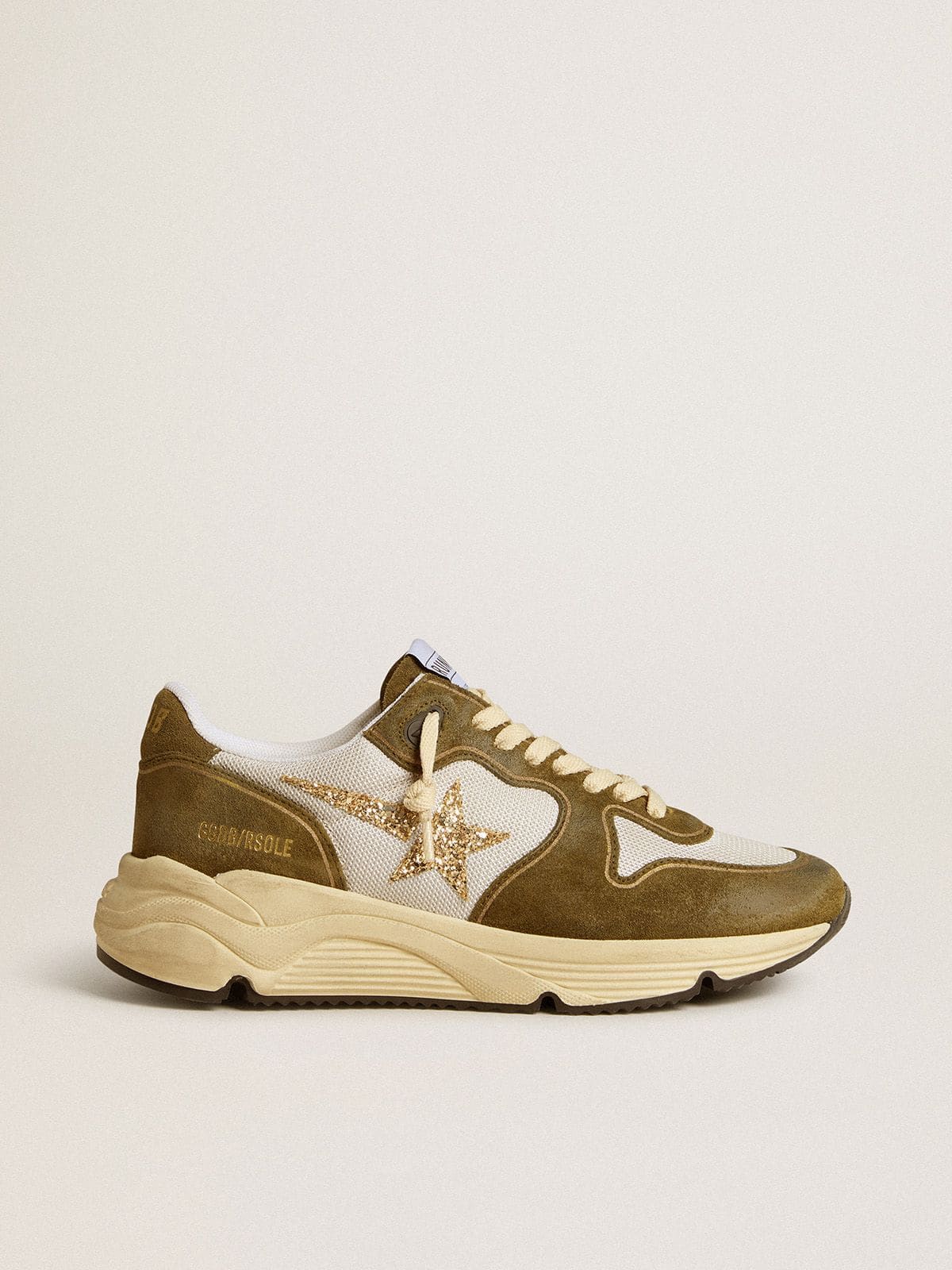 Women's Running Sole in brown suede and mesh with gold glitter star