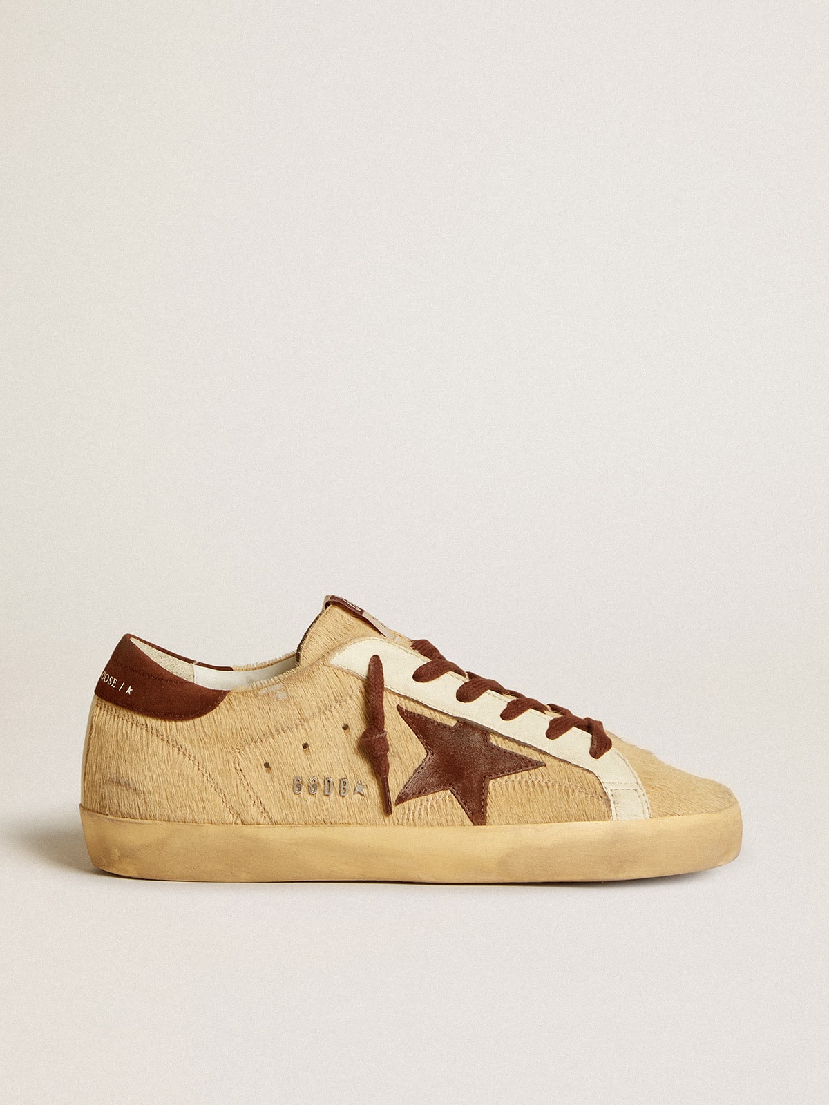 Women's Super-Star in beige pony skin with brown suede star and heel tab