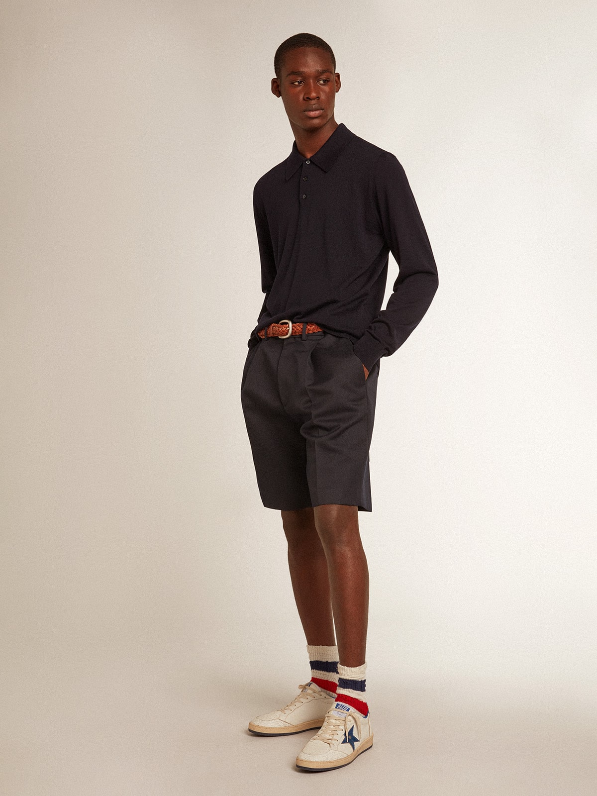 Men's long-sleeved polo shirt in navy-blue merino wool