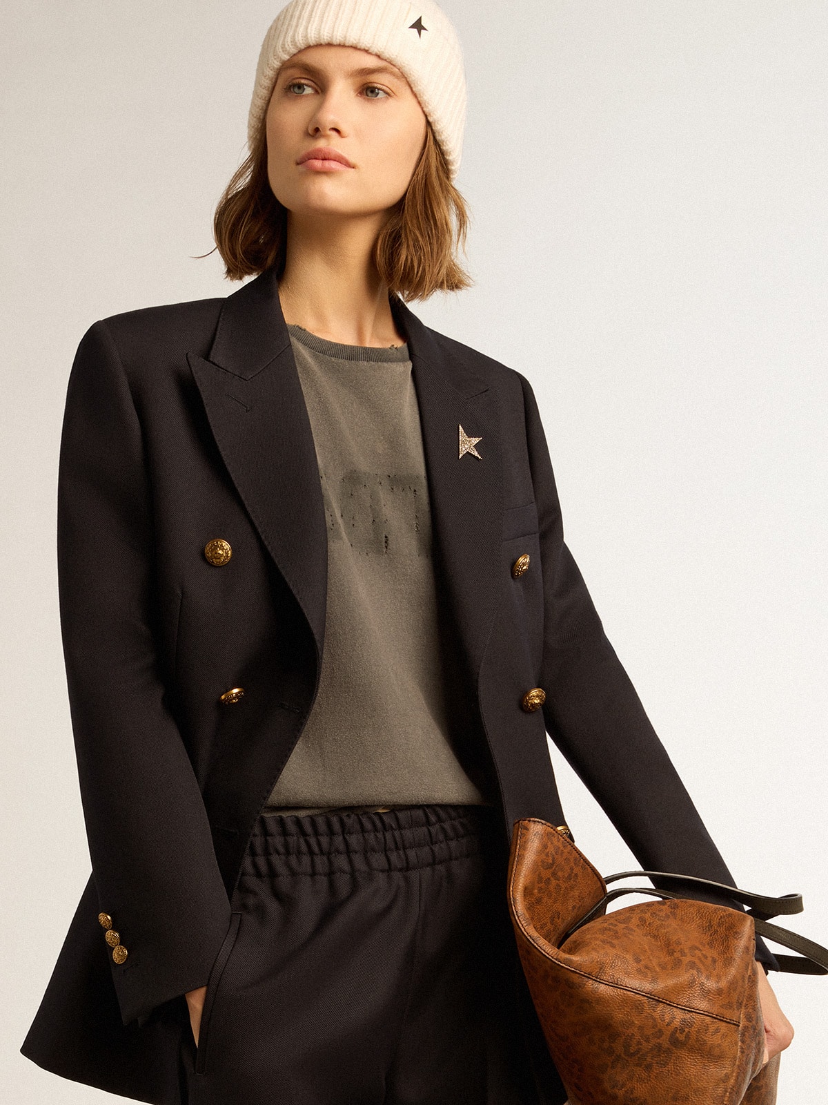 Women's double-breasted dark blue blazer