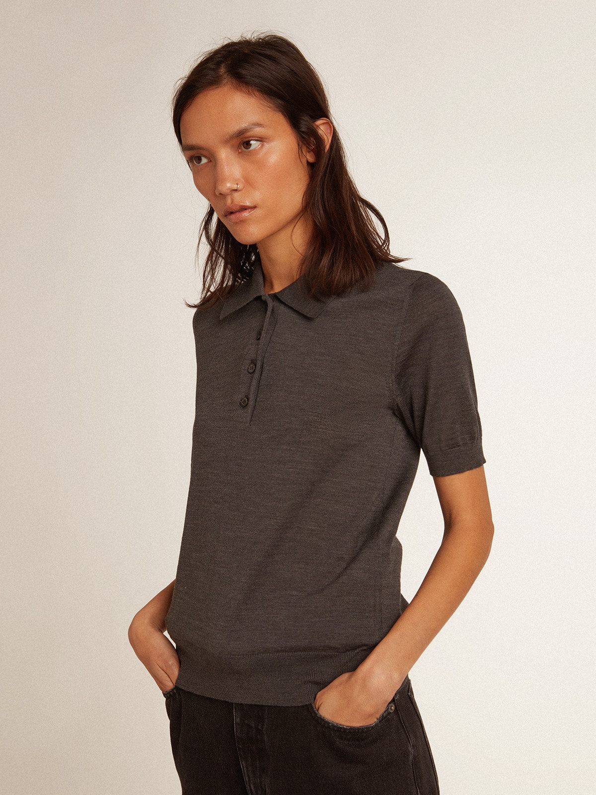 Women's polo shirt in anthracite merino wool