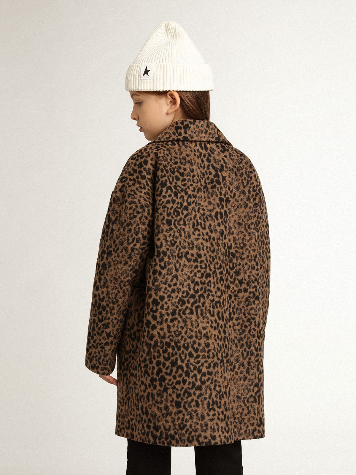 Girls' single-breasted coat in wool with jacquard animal print