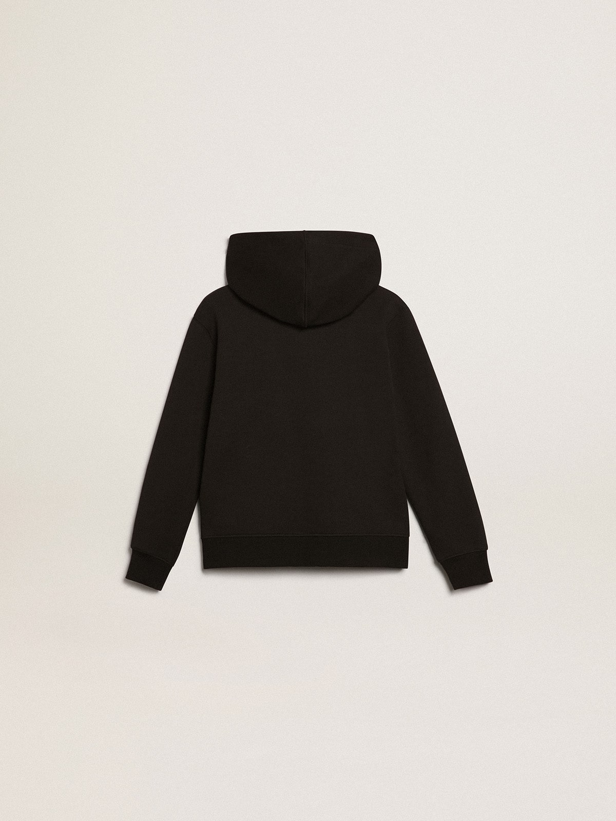Black hooded sweatshirt with contrasting white star and logo