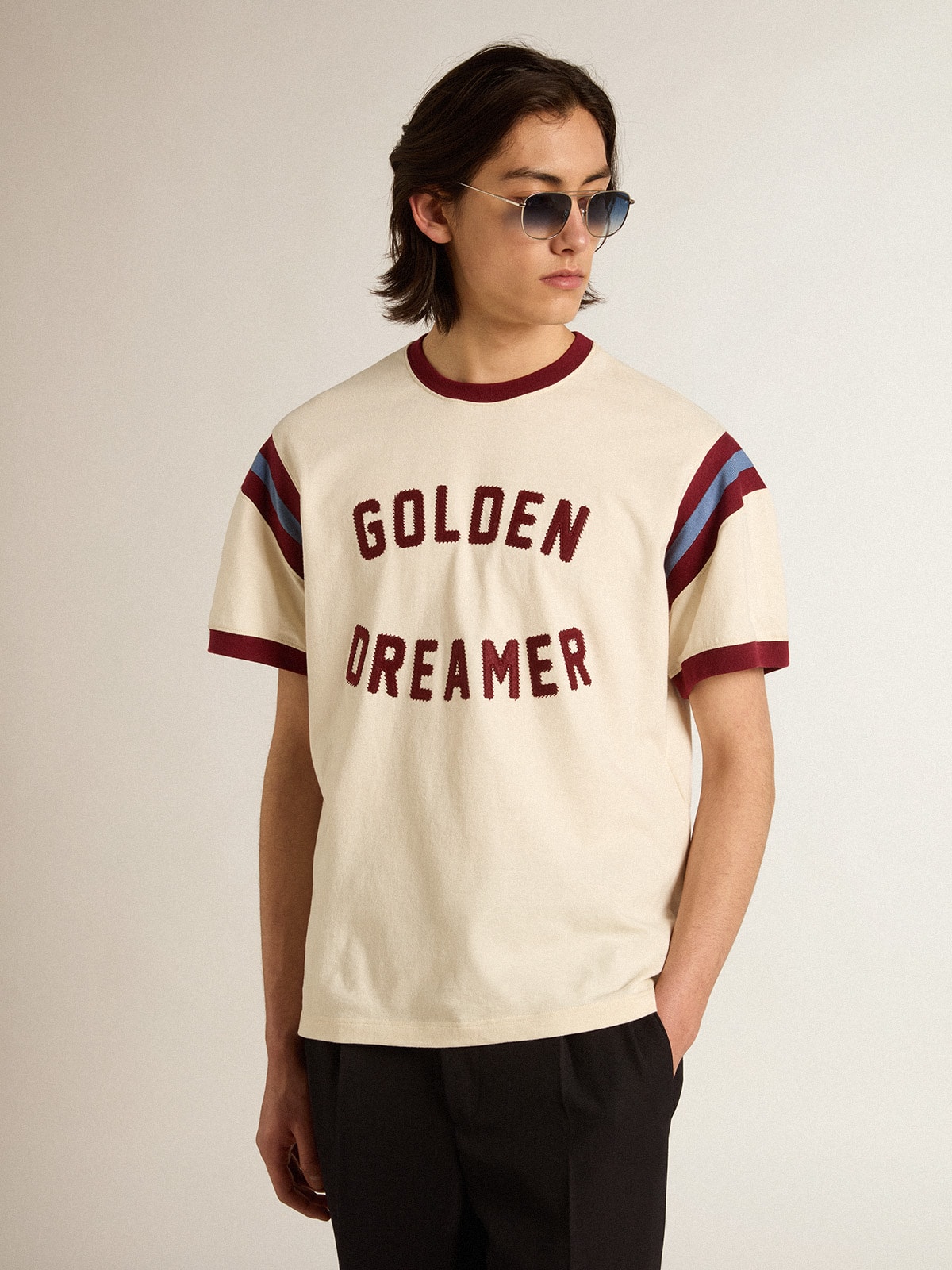 Men's white T-shirt with burgundy lettering on the front