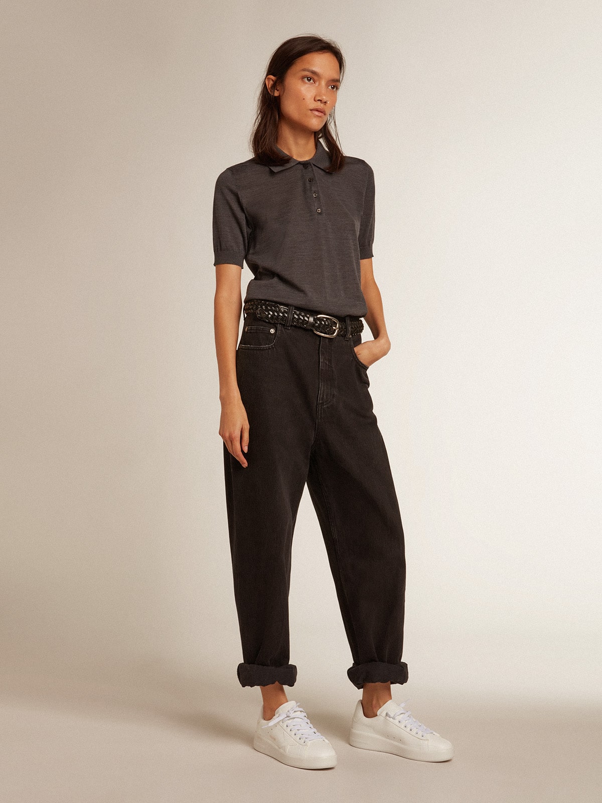 Women's polo shirt in anthracite merino wool