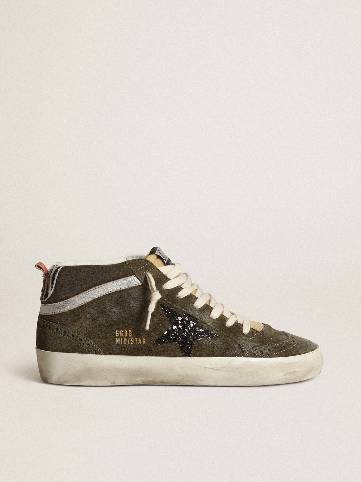 Women's Mid-Star in olive-green suede with black glitter star and pony skin heel tab