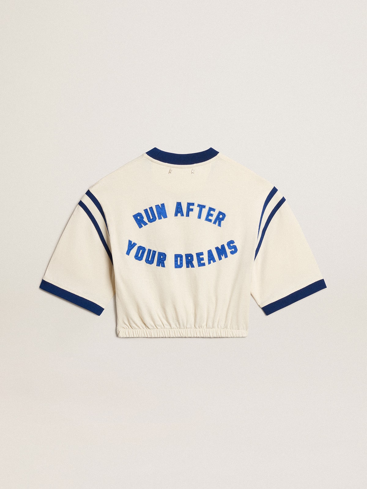 Aged white cotton cropped T-shirt with lettering on the back