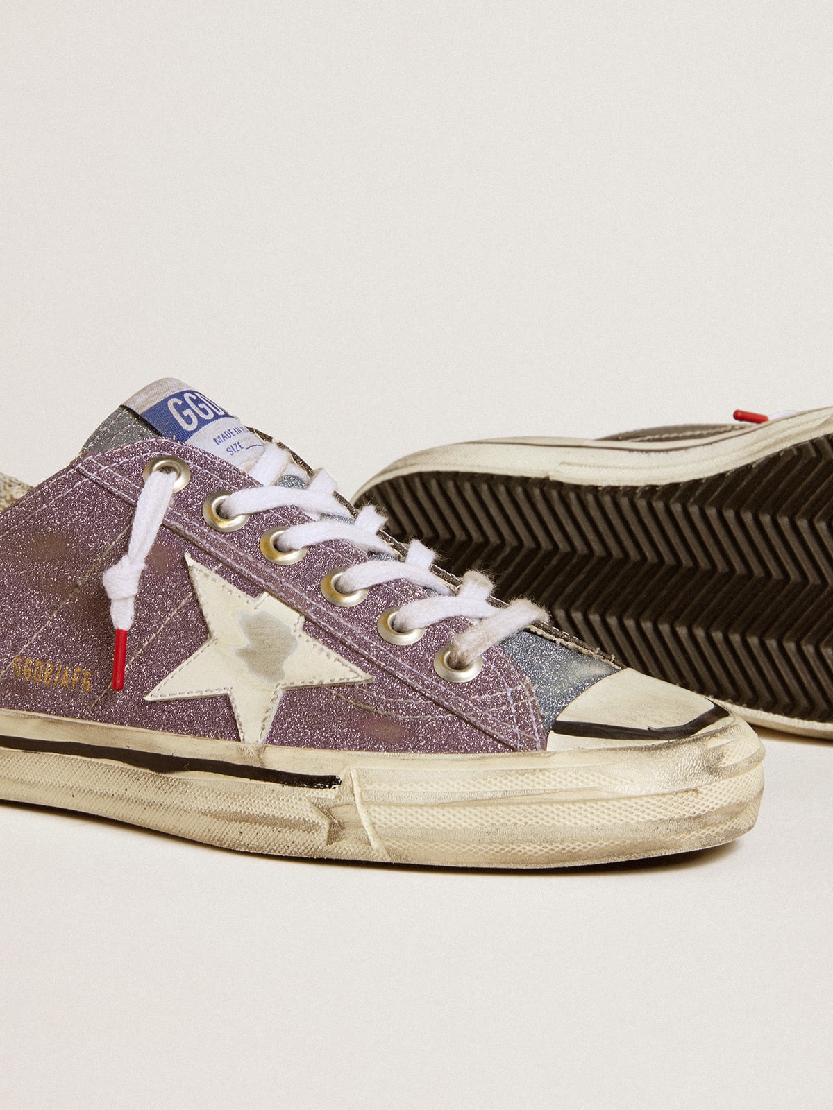 Women's V-Star LAB in lilac leather and glitter with white star and silver glitter tongue