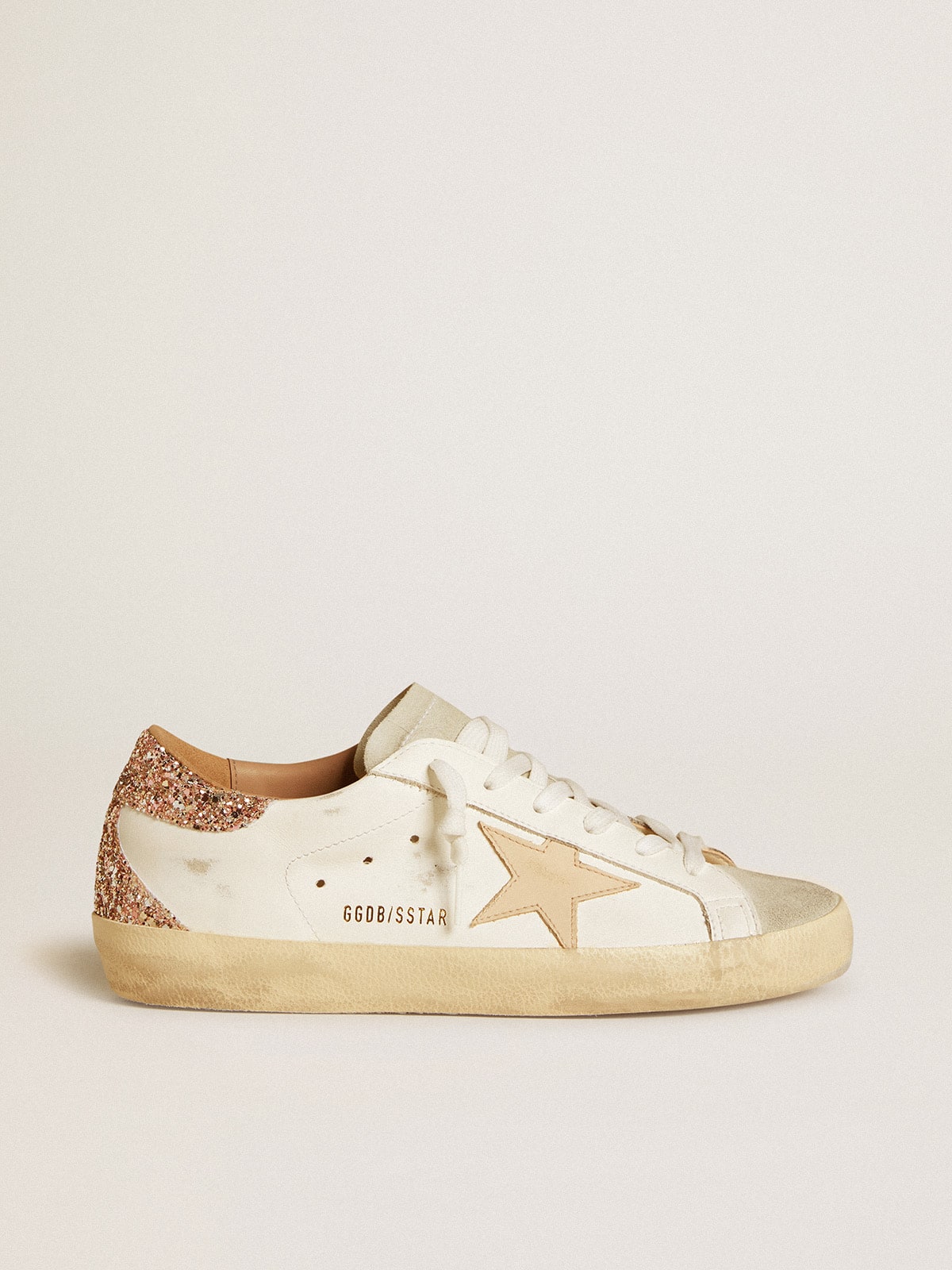 Women's Super-Star with nude leather star and gold glitter heel tab