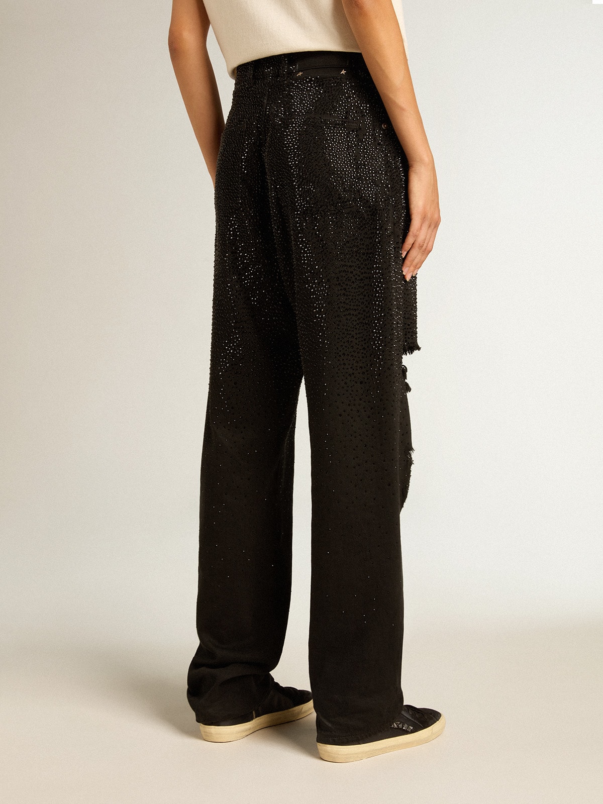 Women's cotton denim pants with shaded-effect crystal decoration