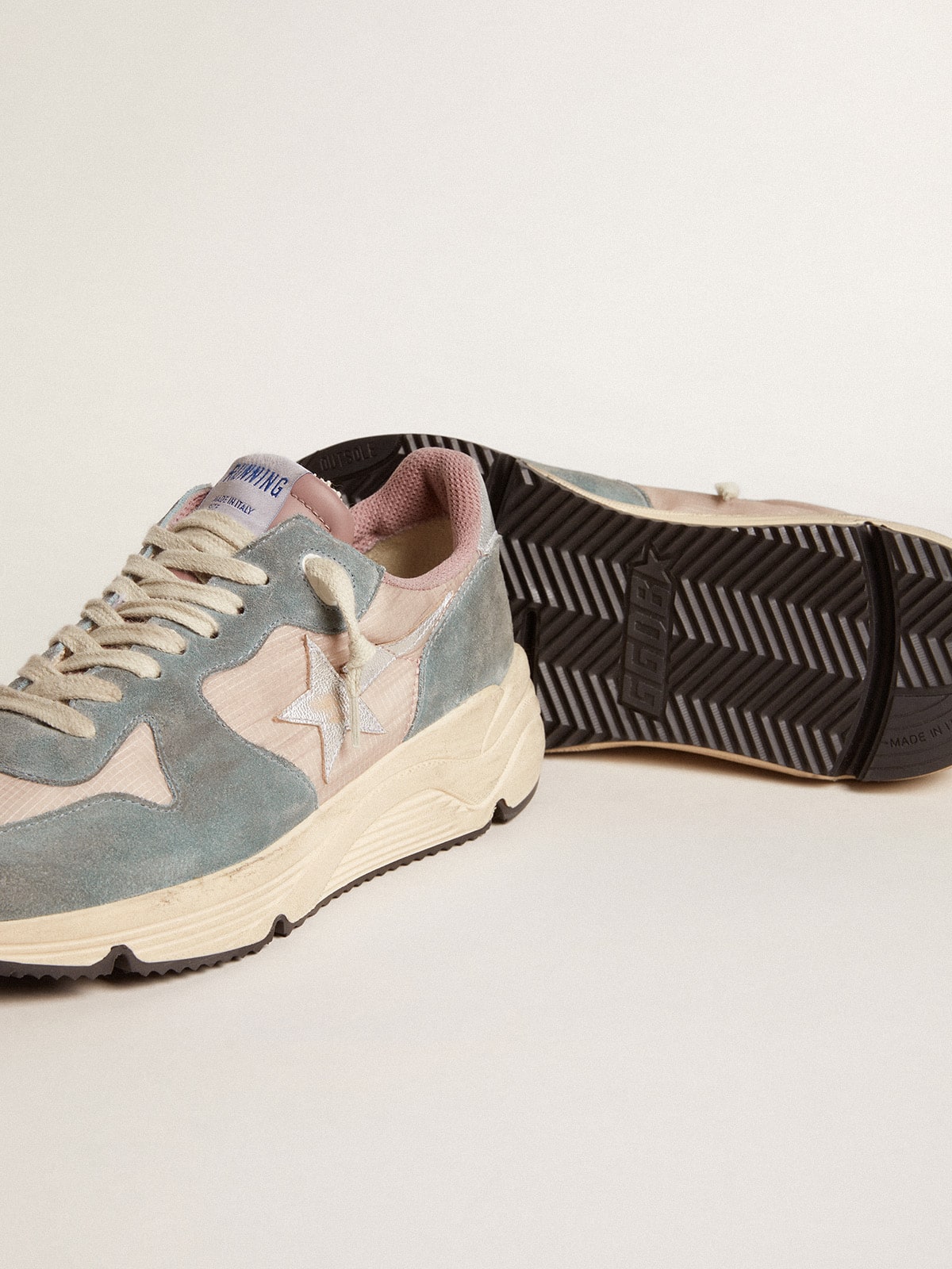Women's Running Sole in pink nylon and light-blue suede with silver leather star