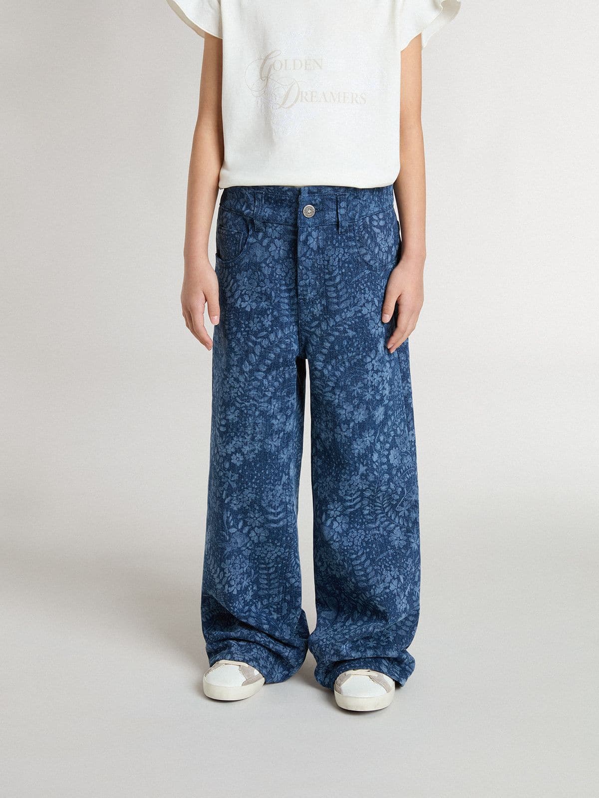 Girls' medium wash wide jeans with print