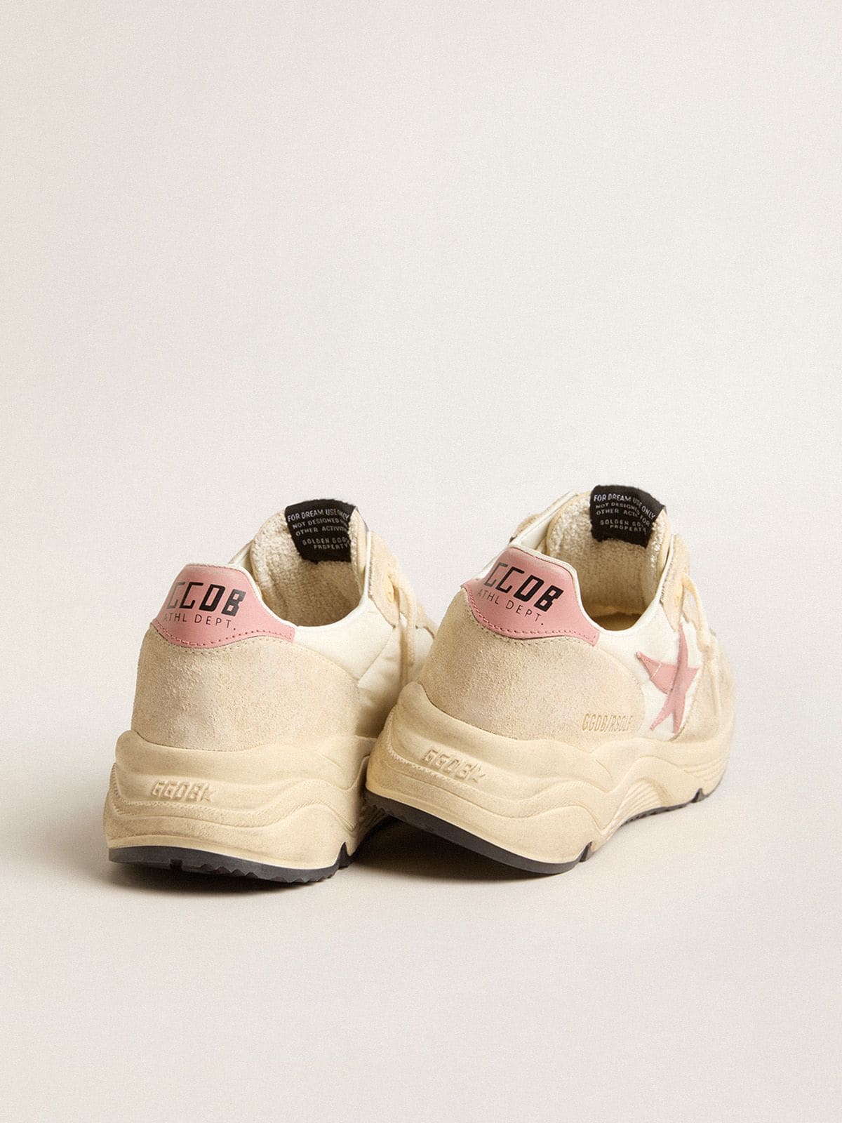 Women's Running Sole in beige nylon with pink leather star and heel tab