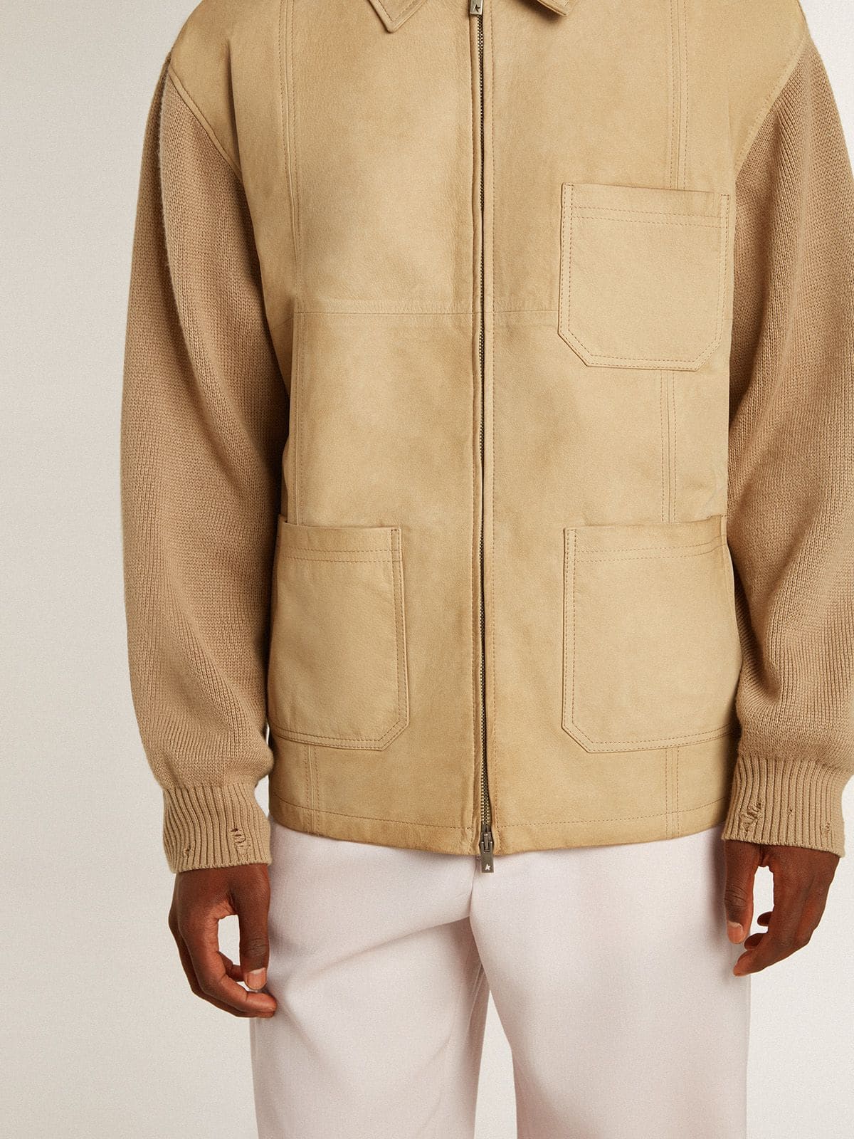 Men's jacket in travertine-colored nubuck leather with wool-blend sleeves and back