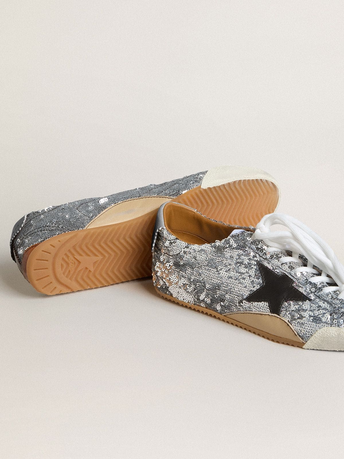 Men's True-Star in silver sequins with black star and beige leather heel tab