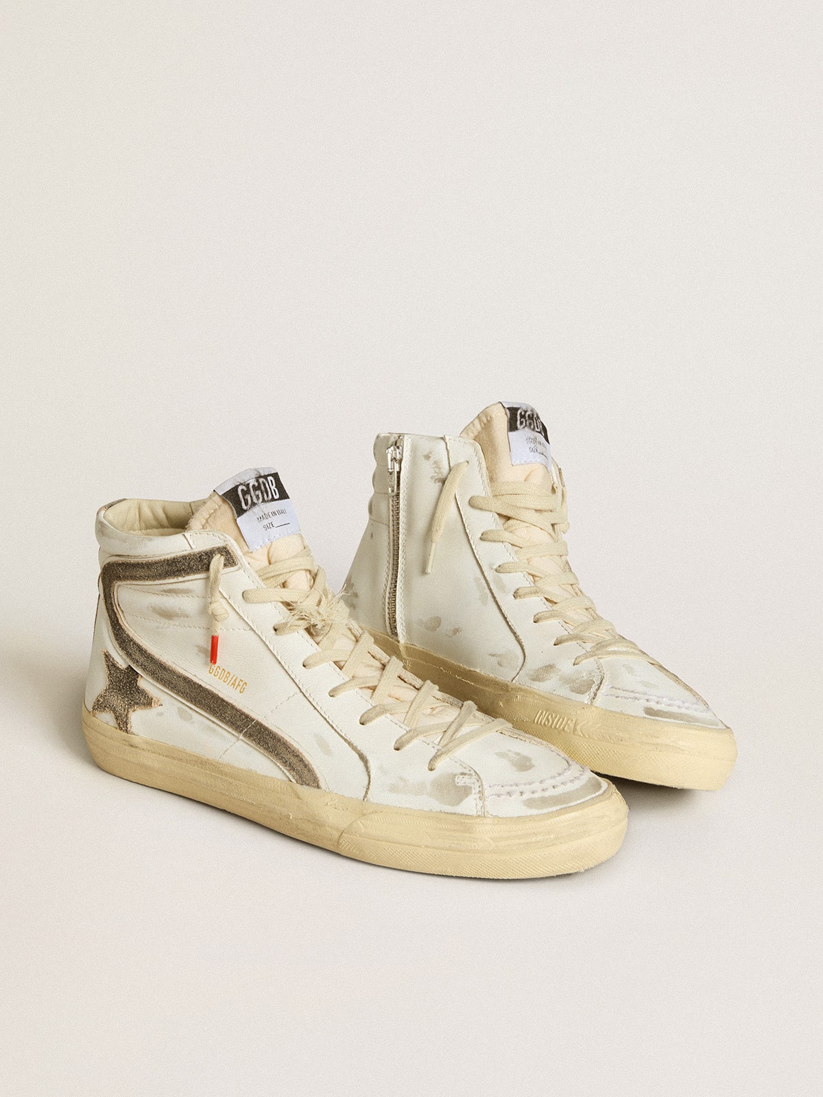 Men's Slide LAB in white leather with star and flash in brown suede