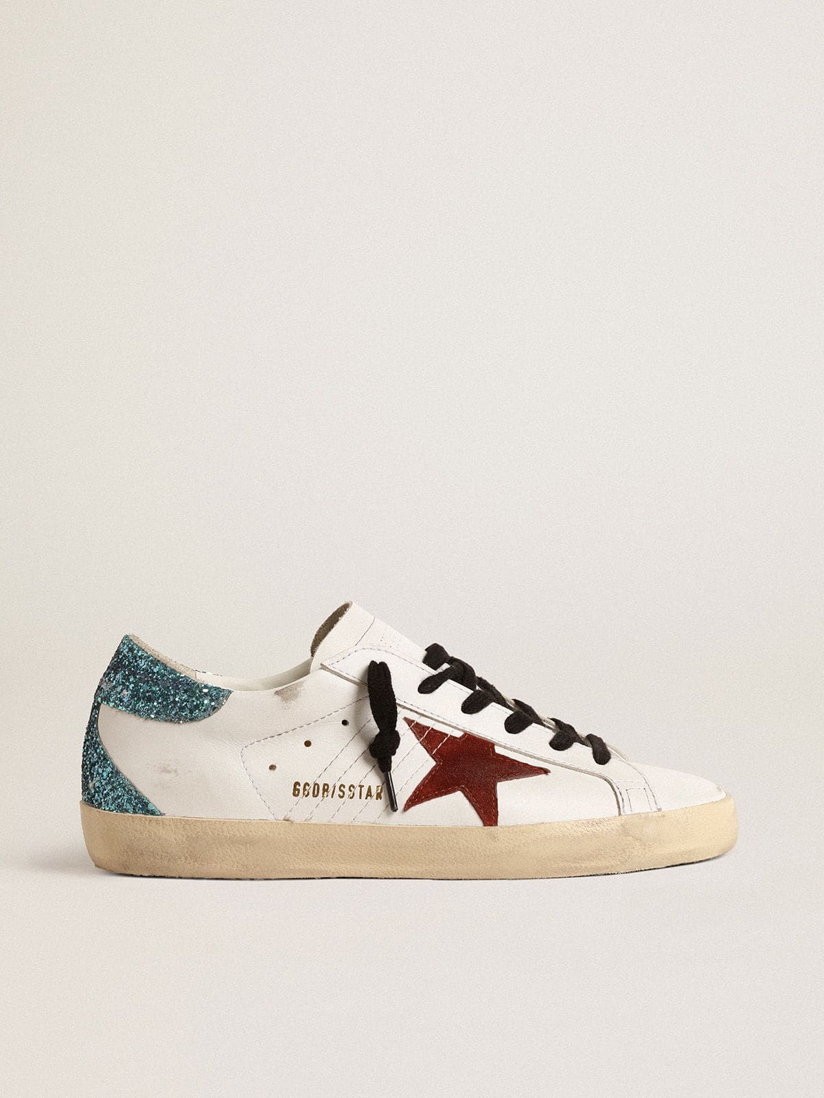 Women's Super-Star with burgundy suede star and light blue glitter heel tab