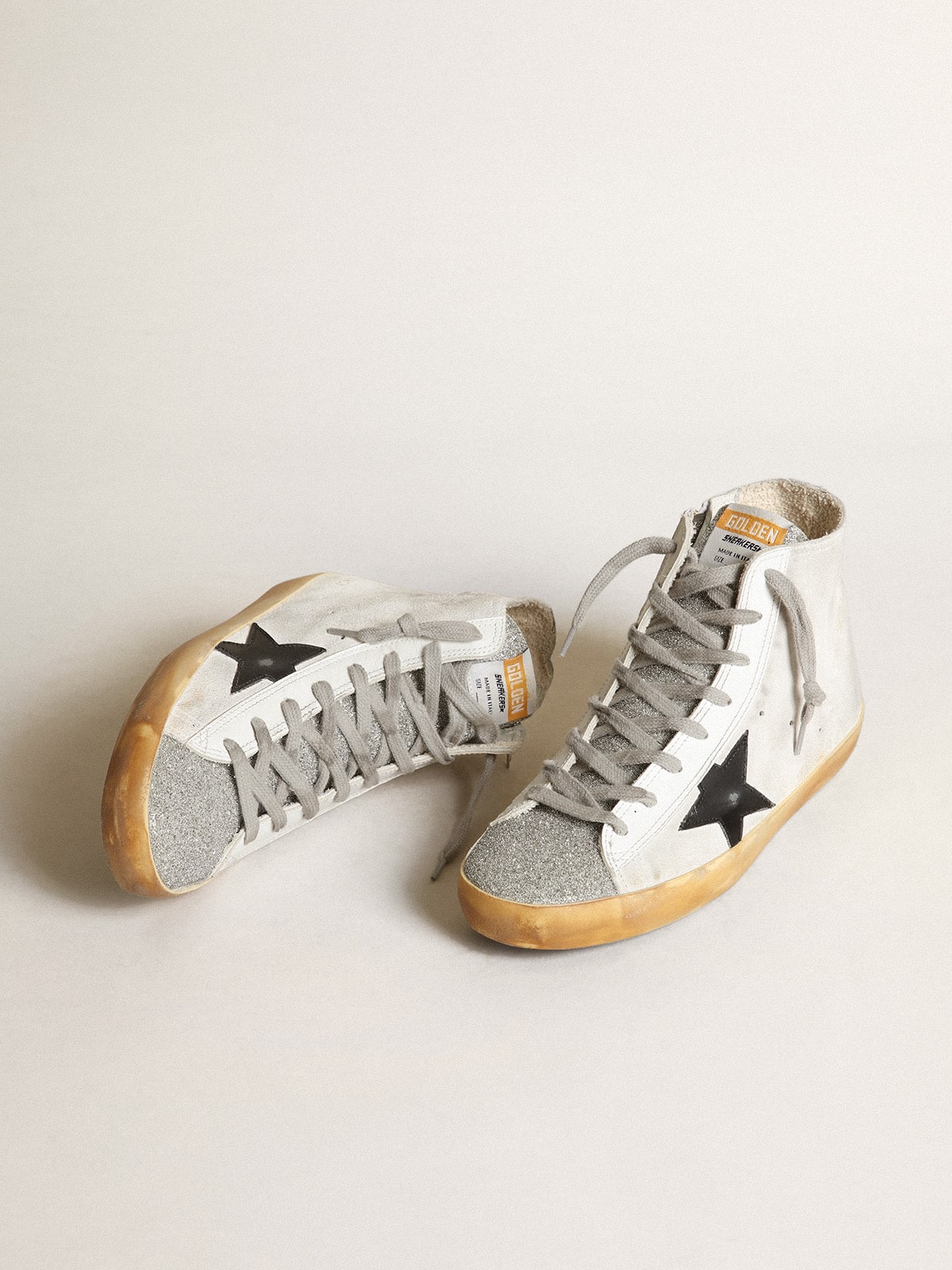 Women's Francy in white suede with black leather star and silver Swarovski crystal tongue