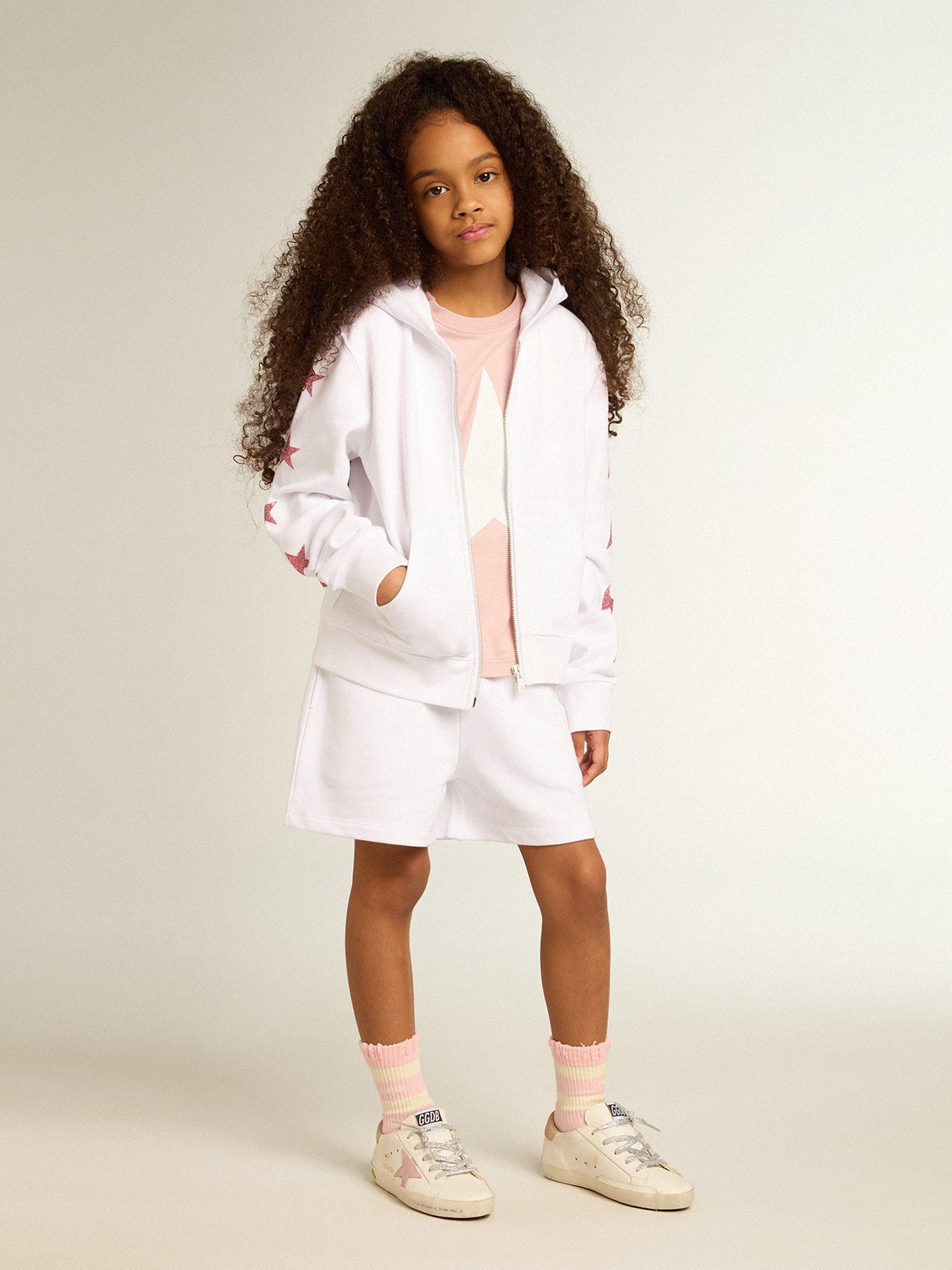 Girls' zip-up sweatshirt in white with glitter stars on the sleeves