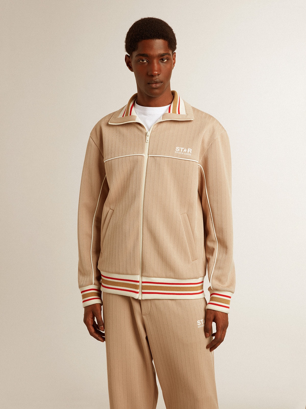 Men's light beige zipped sweatshirt with white logo