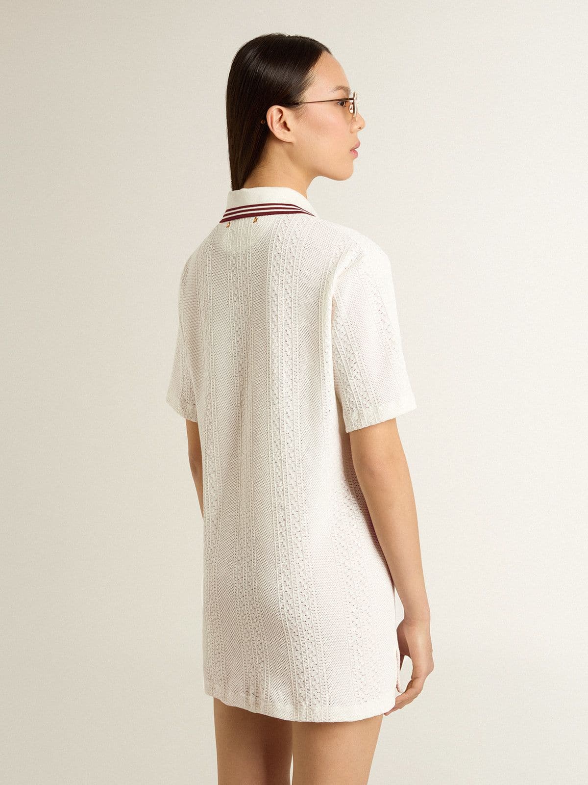 Women's Oasis polo dress in white perforated jersey with burgundy stripes