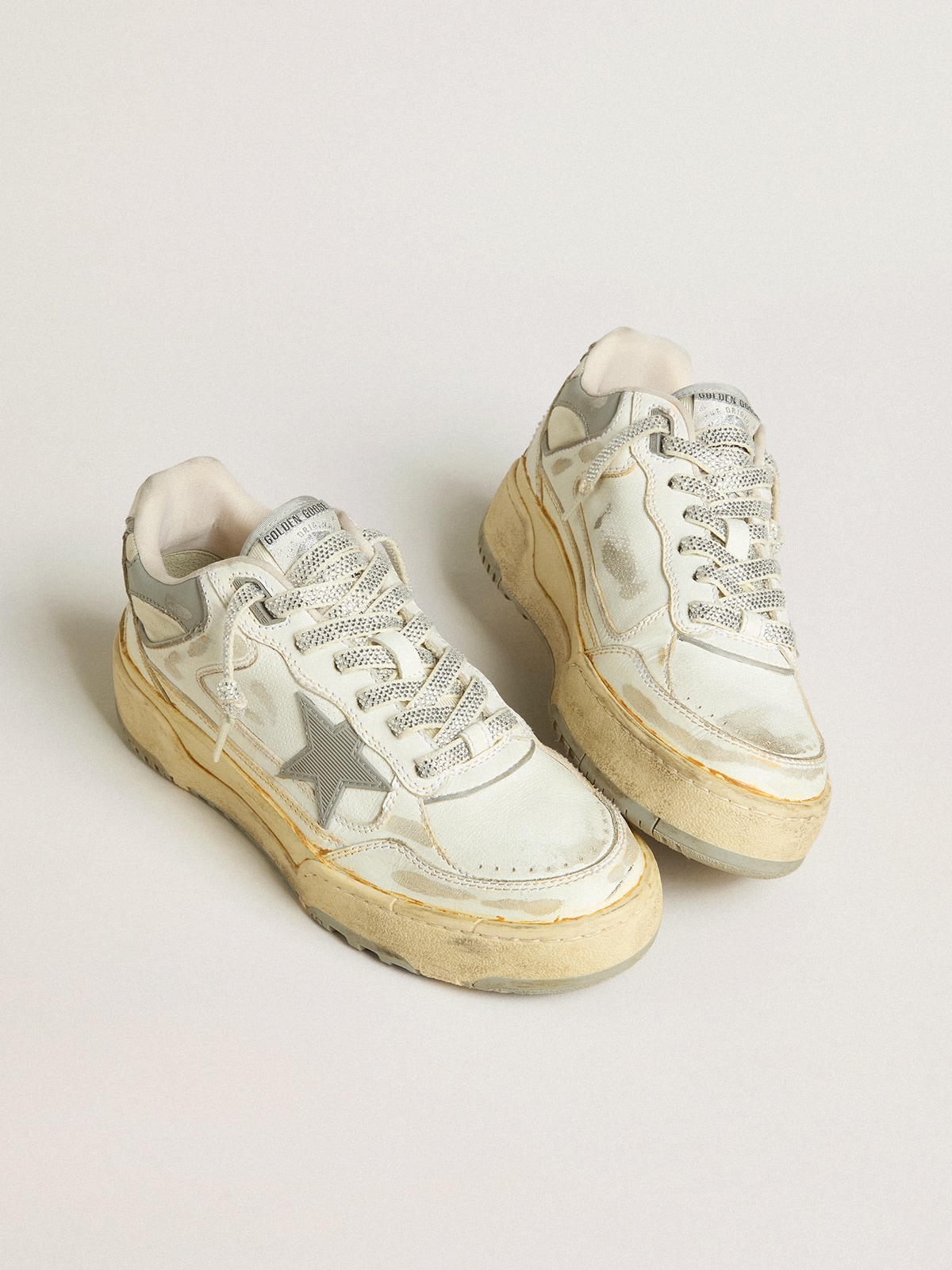 Women's Forty2 in white leather with laces with Swarovski crystals and gray star
