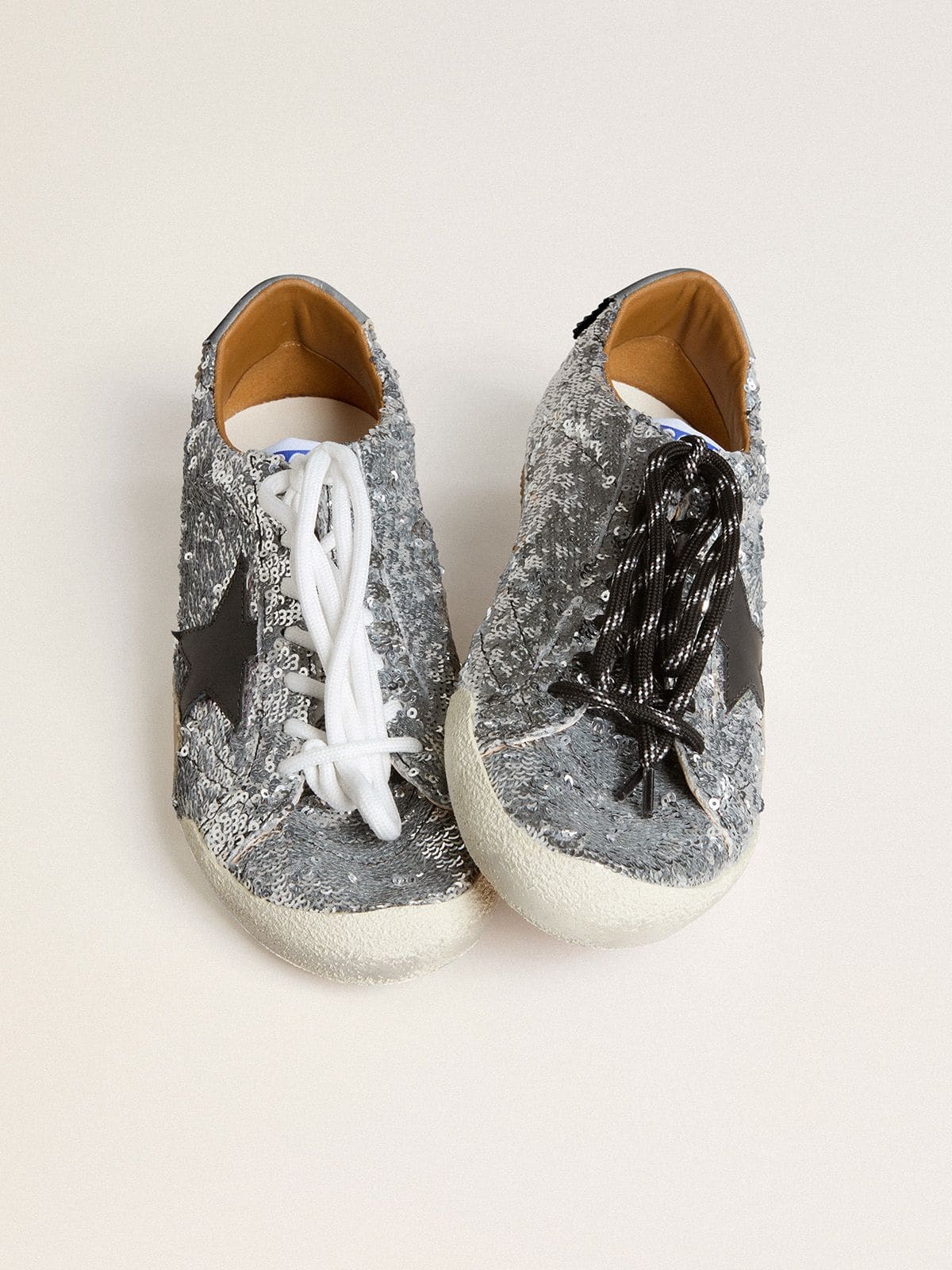 Women's True-Star in silver sequins with black star and beige leather heel tab