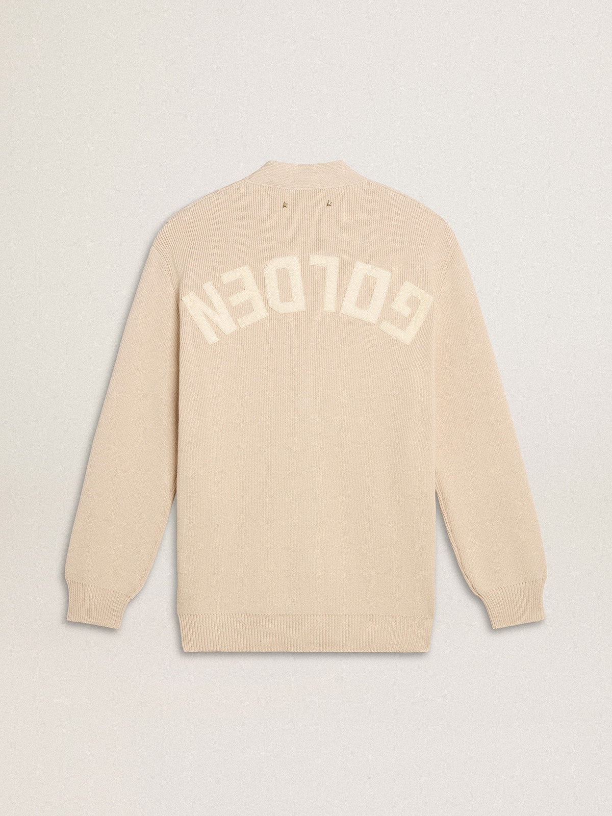 Women's beige cardigan with 'Golden' lettering on the back