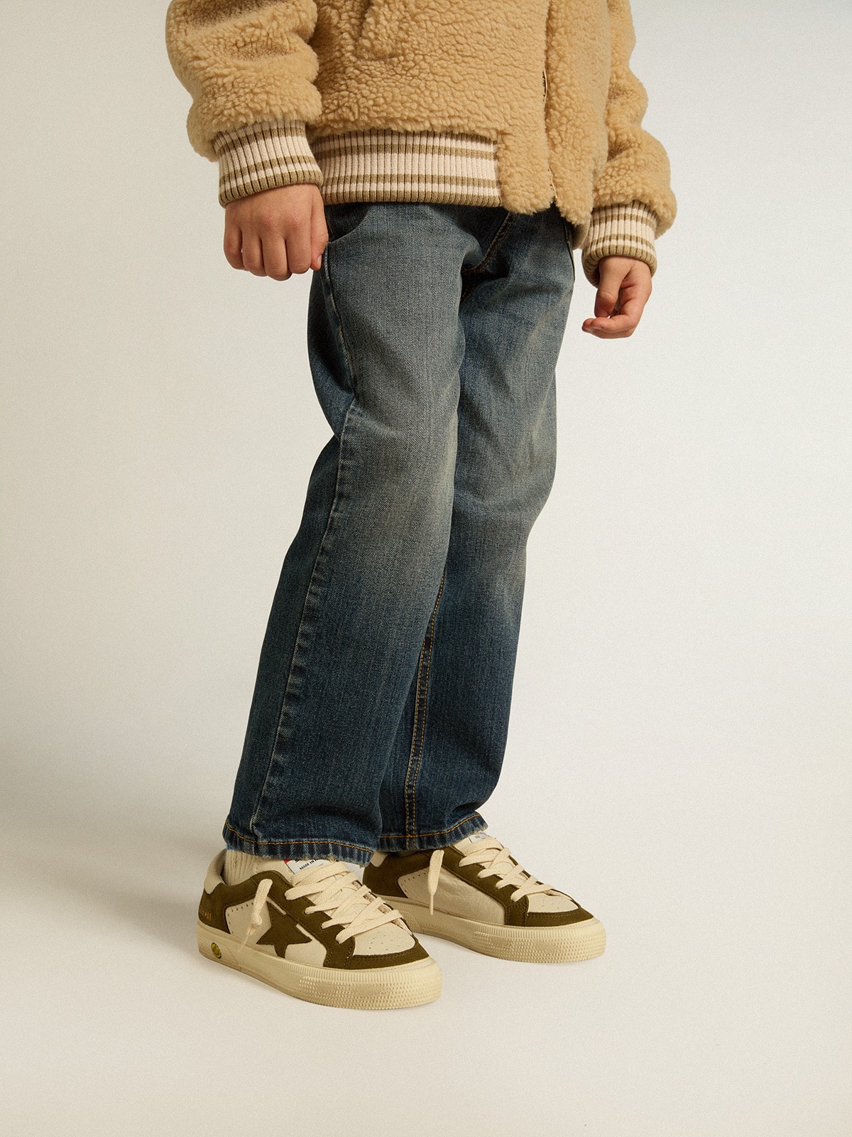 May Junior in white and military green leather