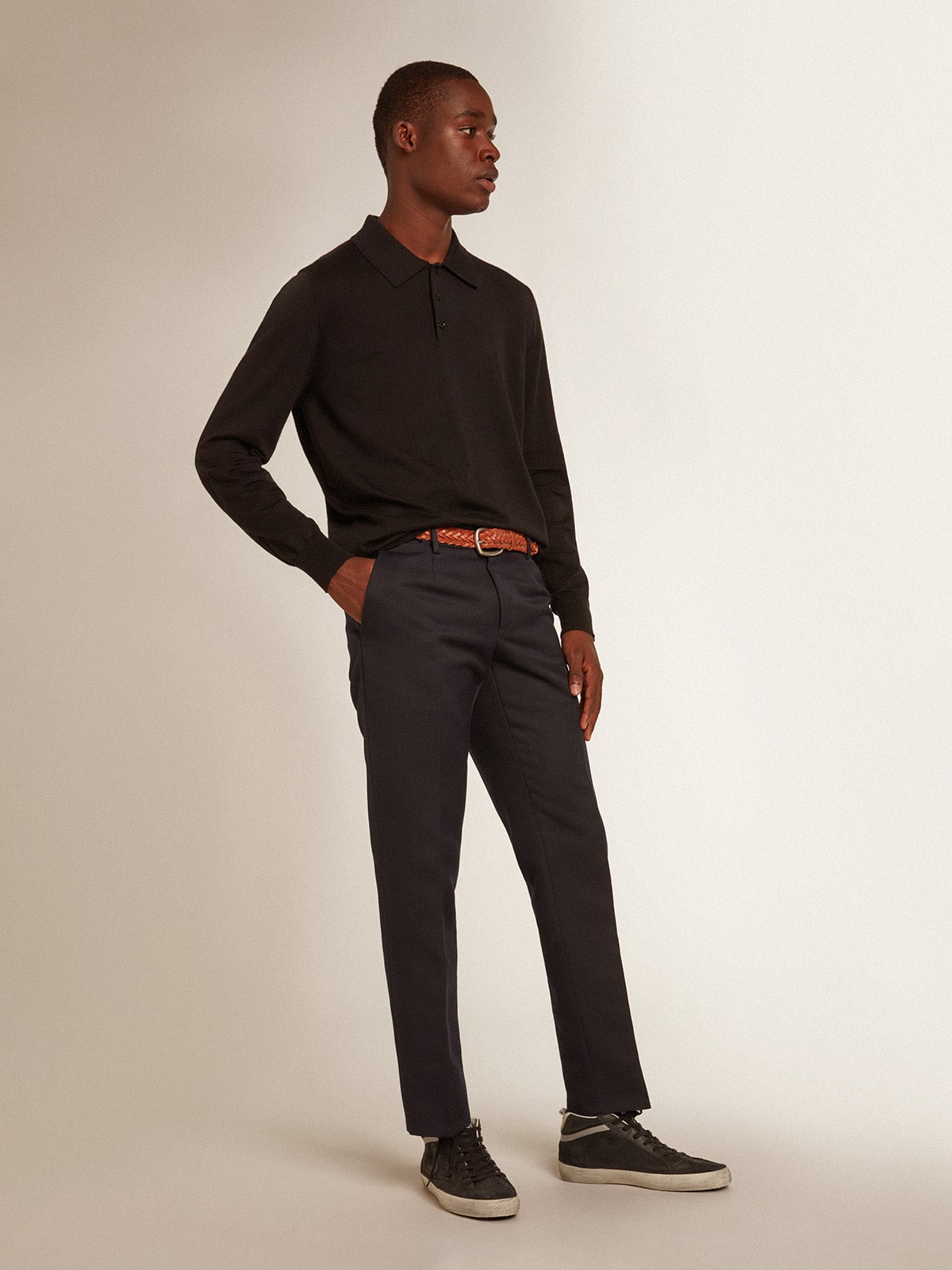 Men's long-sleeved polo shirt in black merino wool