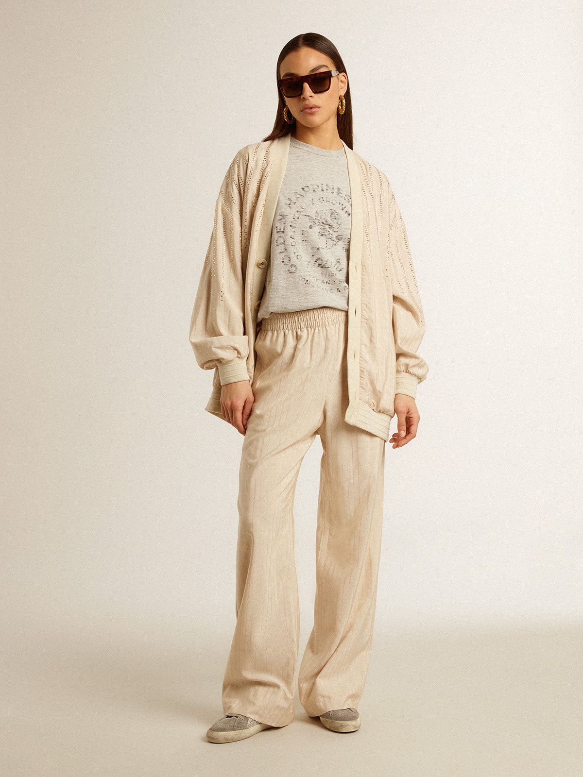 Women's silk and viscose cardigan with pinstripe motif