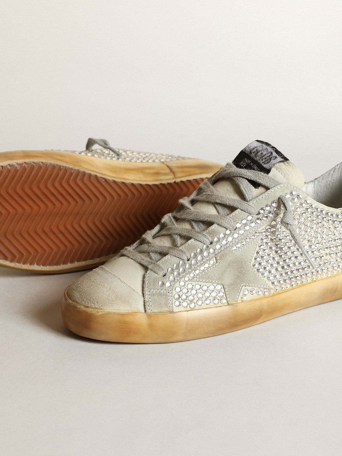 Women's Super-Star in aged white nubuck with Swarovski crystals