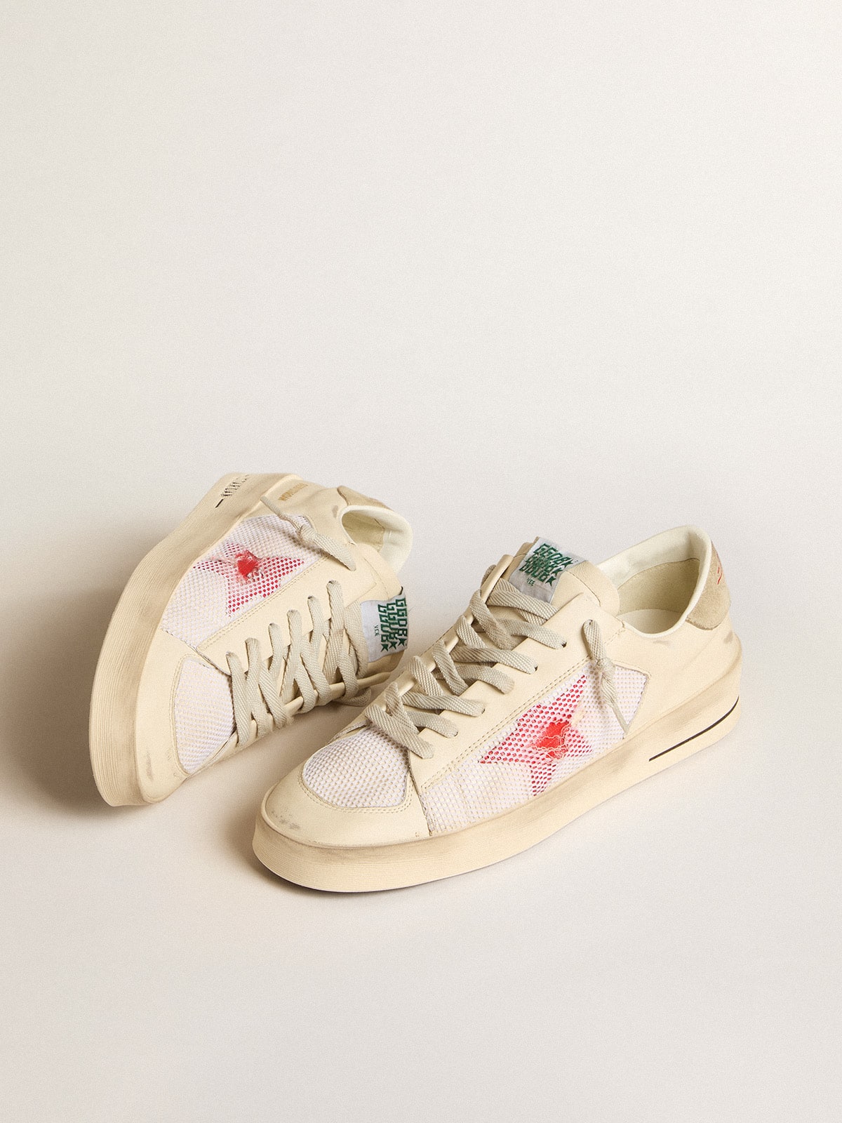 Men's Stardan in white leather and mesh with red star and sand-colored heel tab