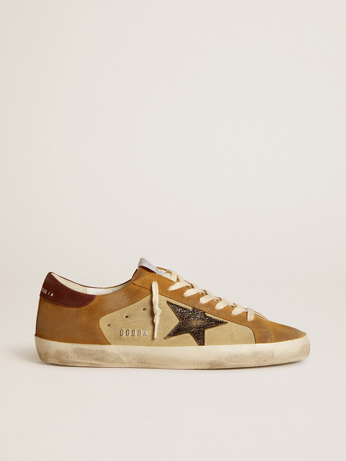 Men's Super-Star in beige and caramel suede with black crackle leather star