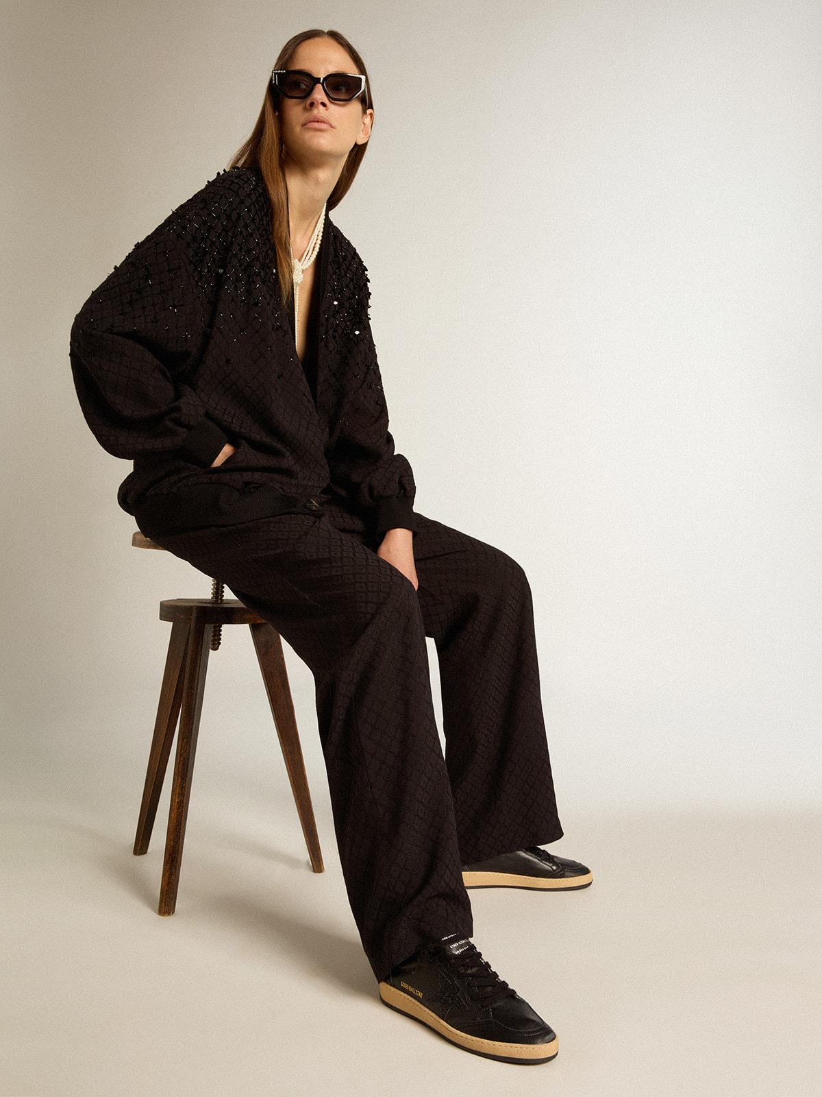 Women's Ball Star in black nappa with black glitter star and suede heel tab