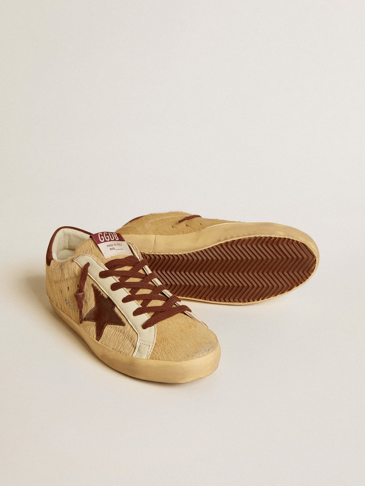 Women's Super-Star in beige pony skin with brown suede star and heel tab