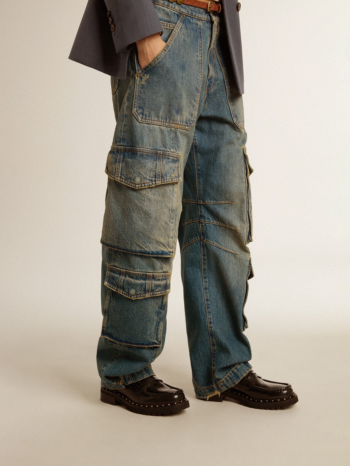 Blue jeans with a distressed finish
