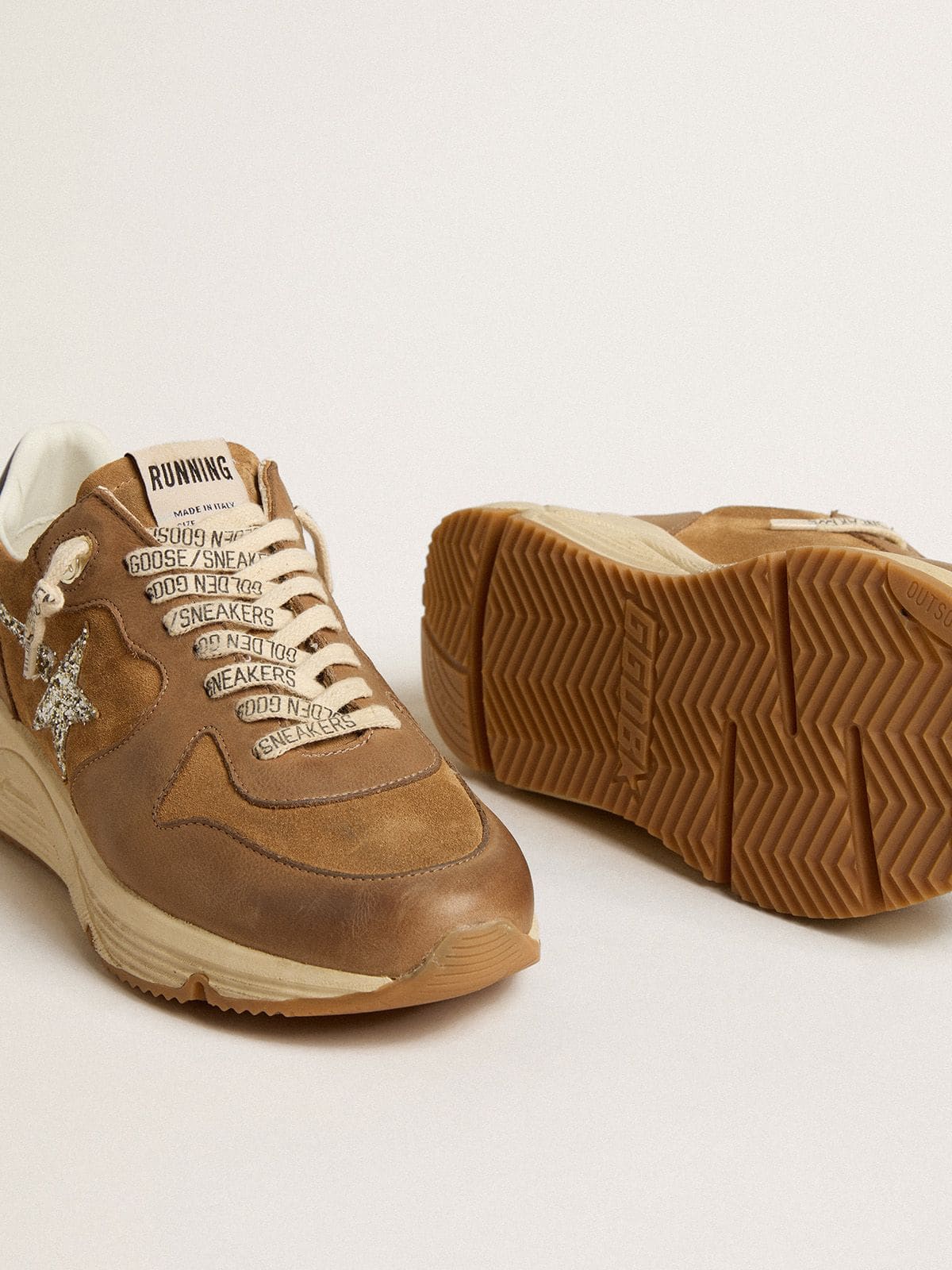 Women's Running Sole in tobacco-colored nappa leather and suede with silver glitter star