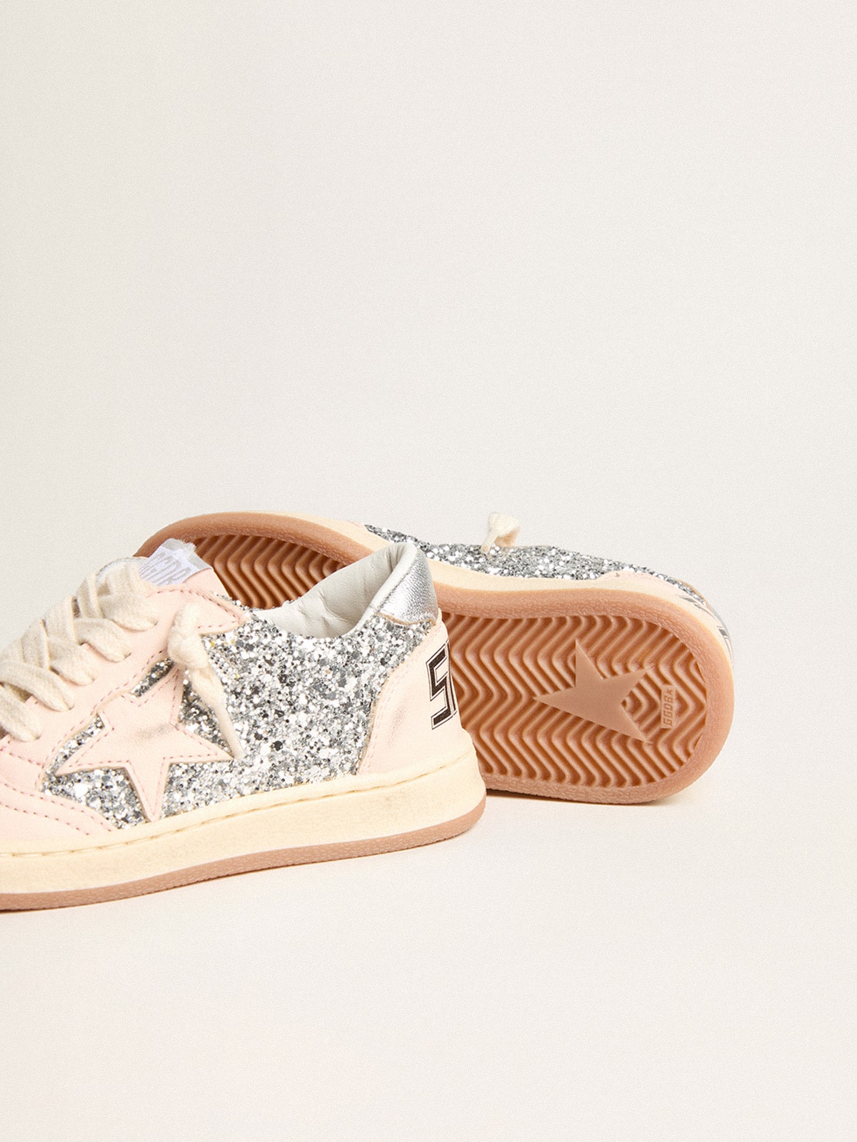 Junior Ball Star in glitter with silver metallic leather heel tab