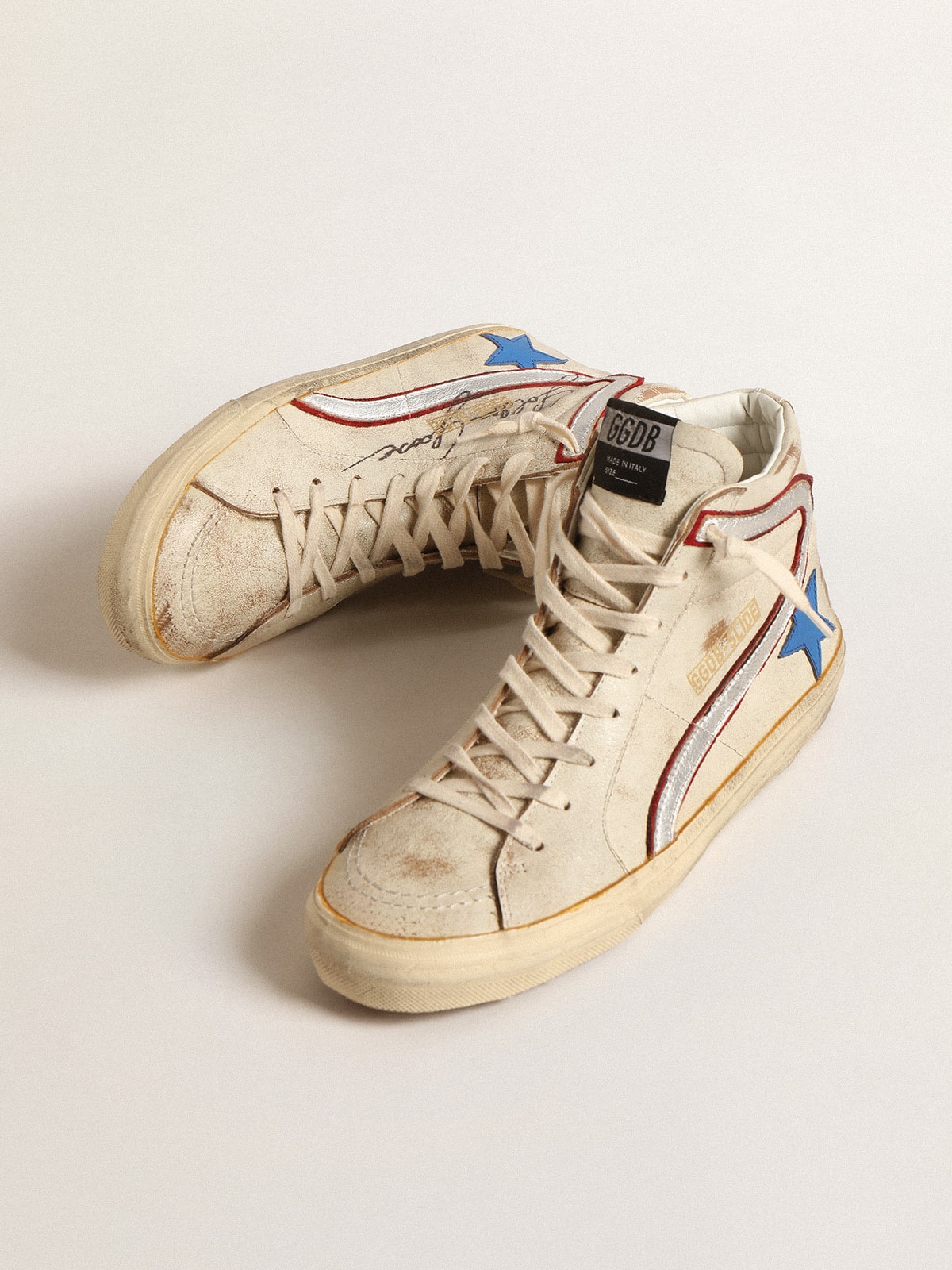 Men's Slide with light blue leather star and metallic silver leather flash