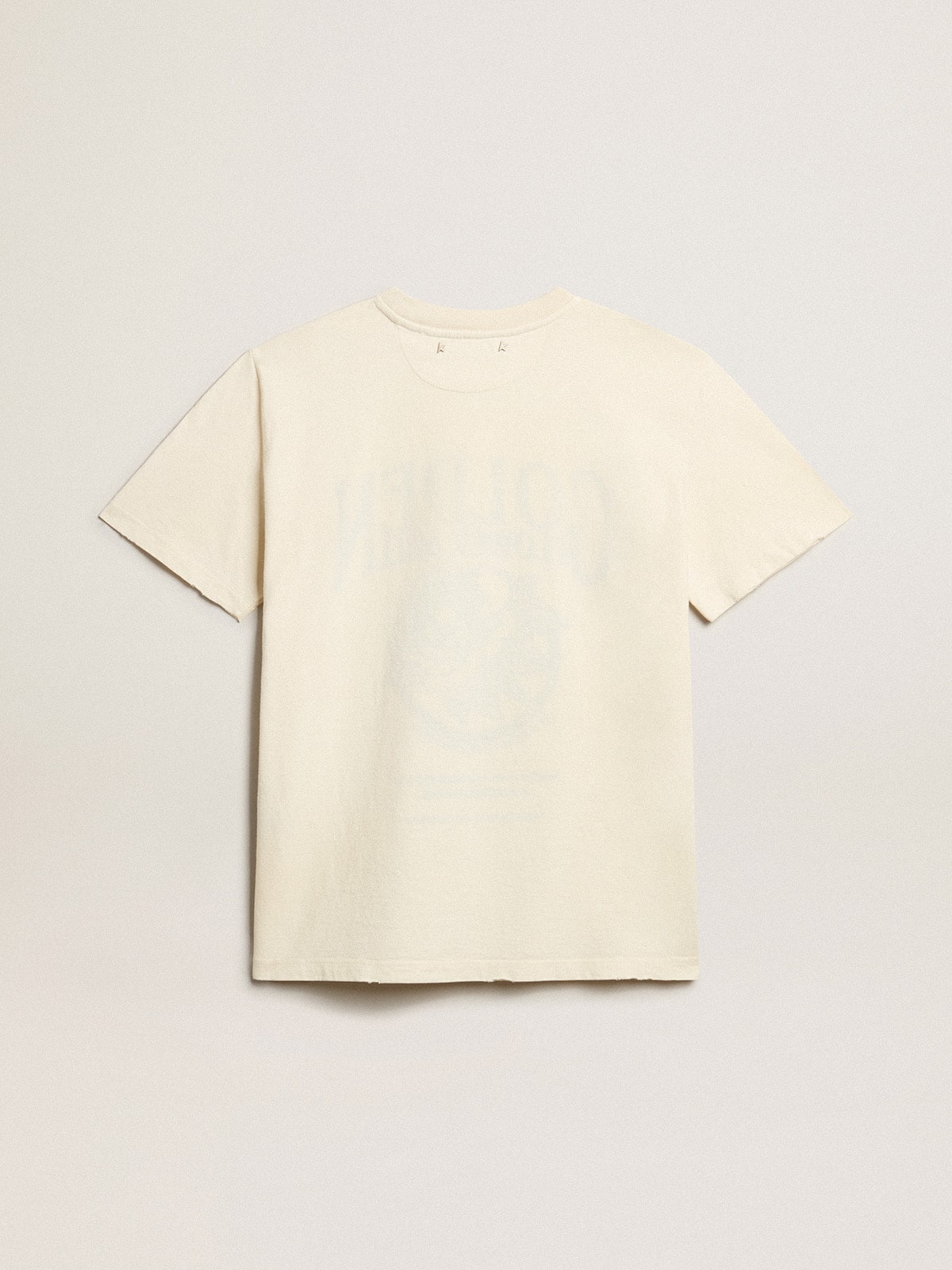 Women's T-shirt in aged white cotton with seasonal print
