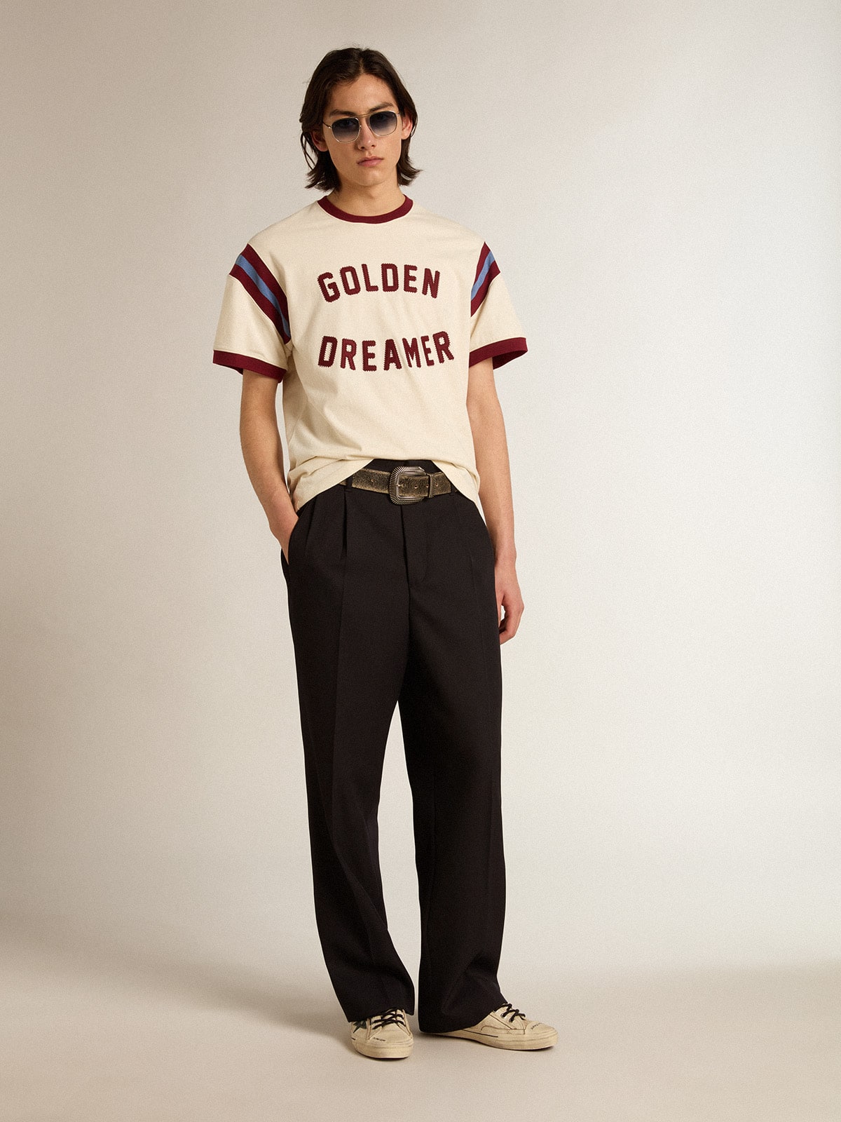 Men's white T-shirt with burgundy lettering on the front