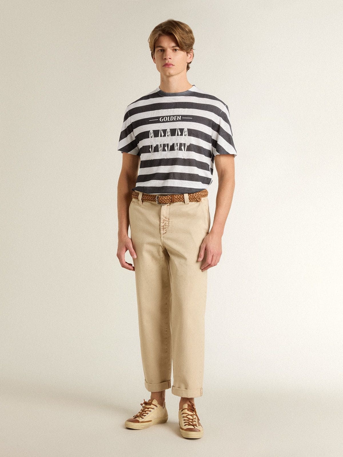 Men's white and blue striped T-shirt with Pescheria Golden print